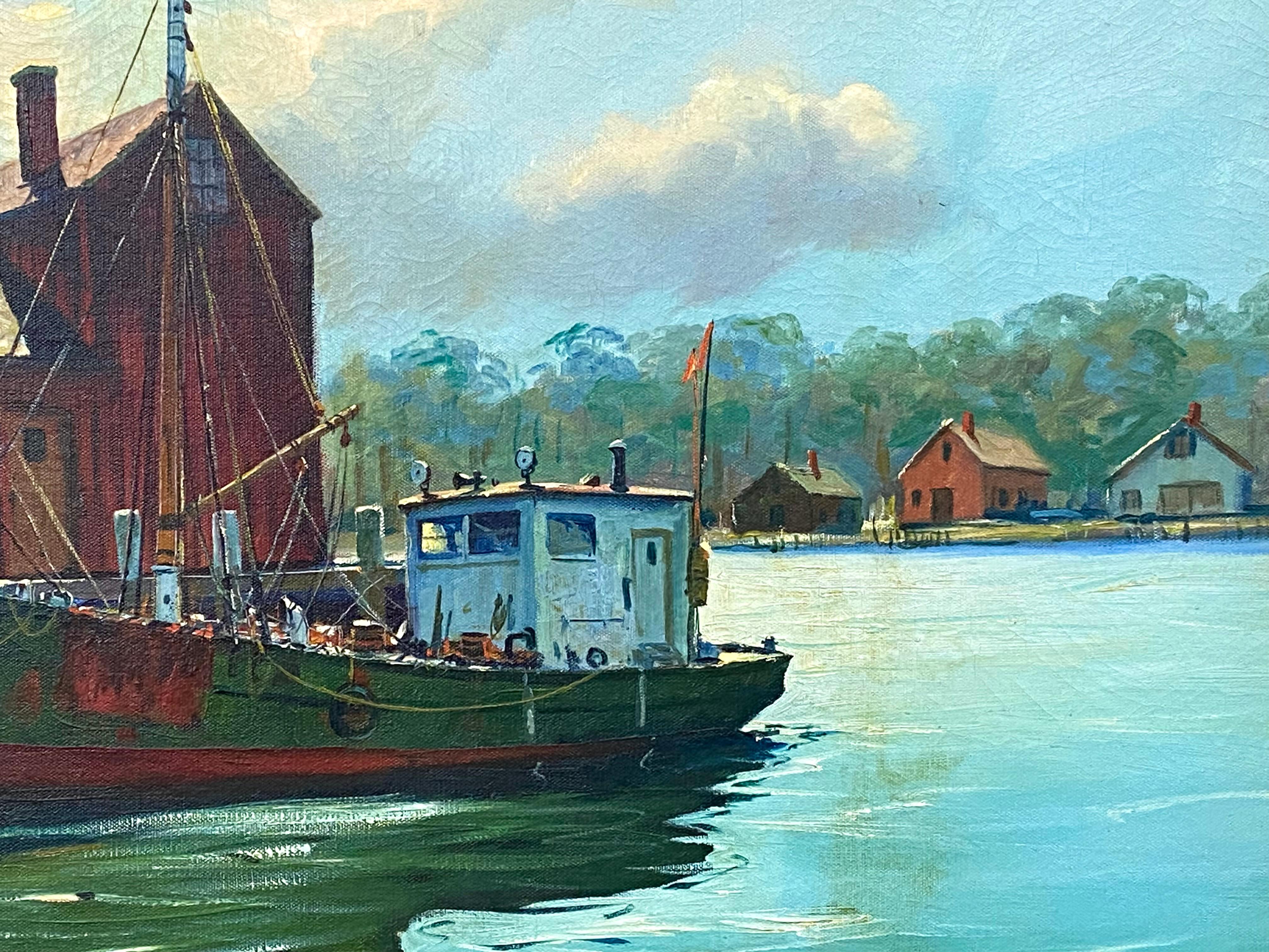 Beautiful and historic original painting of the red fishing shack known as “motif number one” at the end of Bradley’s Wharf in Rockport, Massachusetts.  The artist of the painting is the well known American marine artist,  C Hjalmar “Cappy”