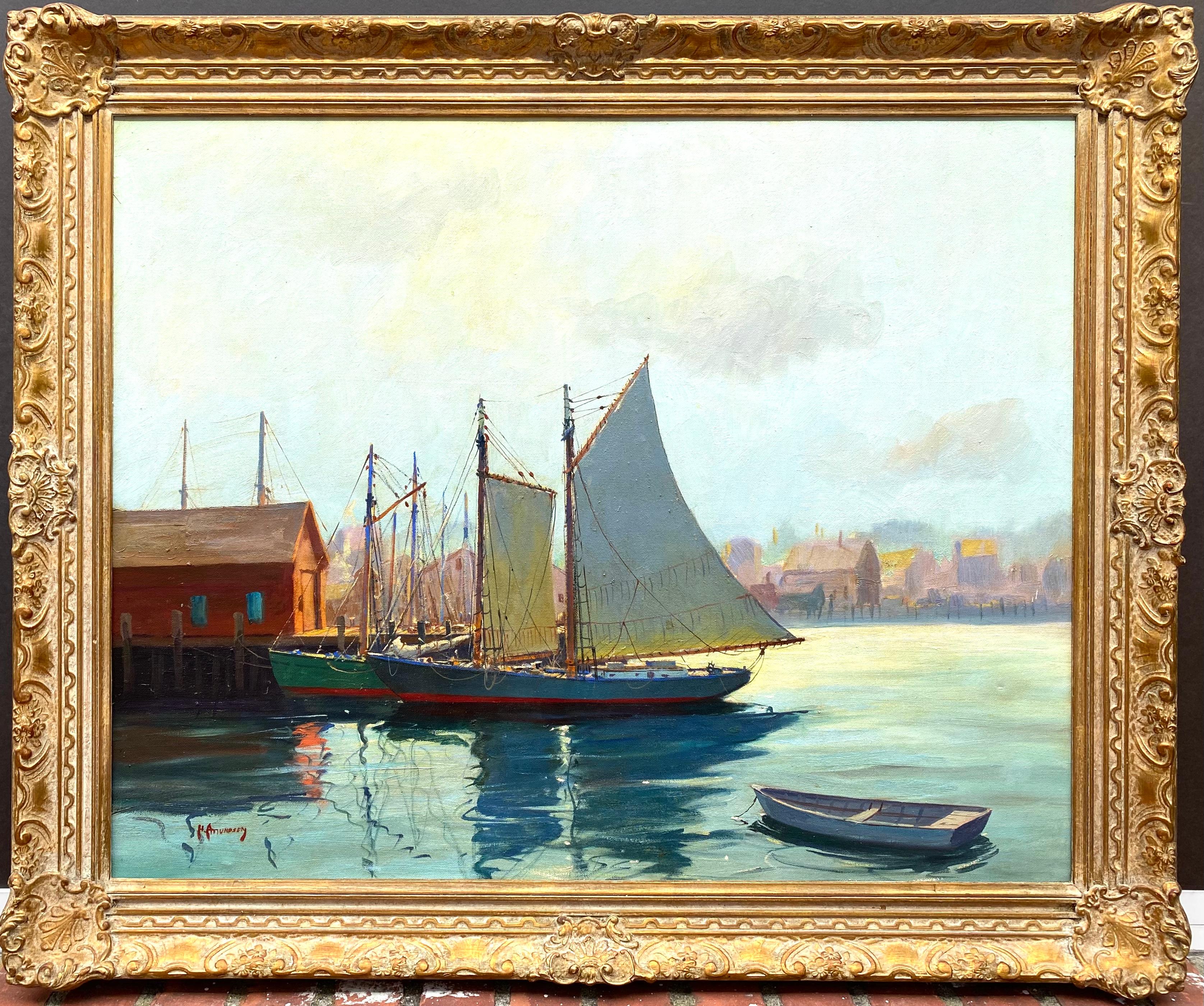 Beautiful original oil on canvas painting of Gloucester Harbor at the end of the day by the well known American marine artist, Hjalmar (Cappy) Amundsen.  Signed H. Amundsen lower left. The painting has been recently professionally cleaned and is in