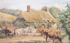 Huile de C. J. Beattie - 1938, Herd of Cows près d'un chalet