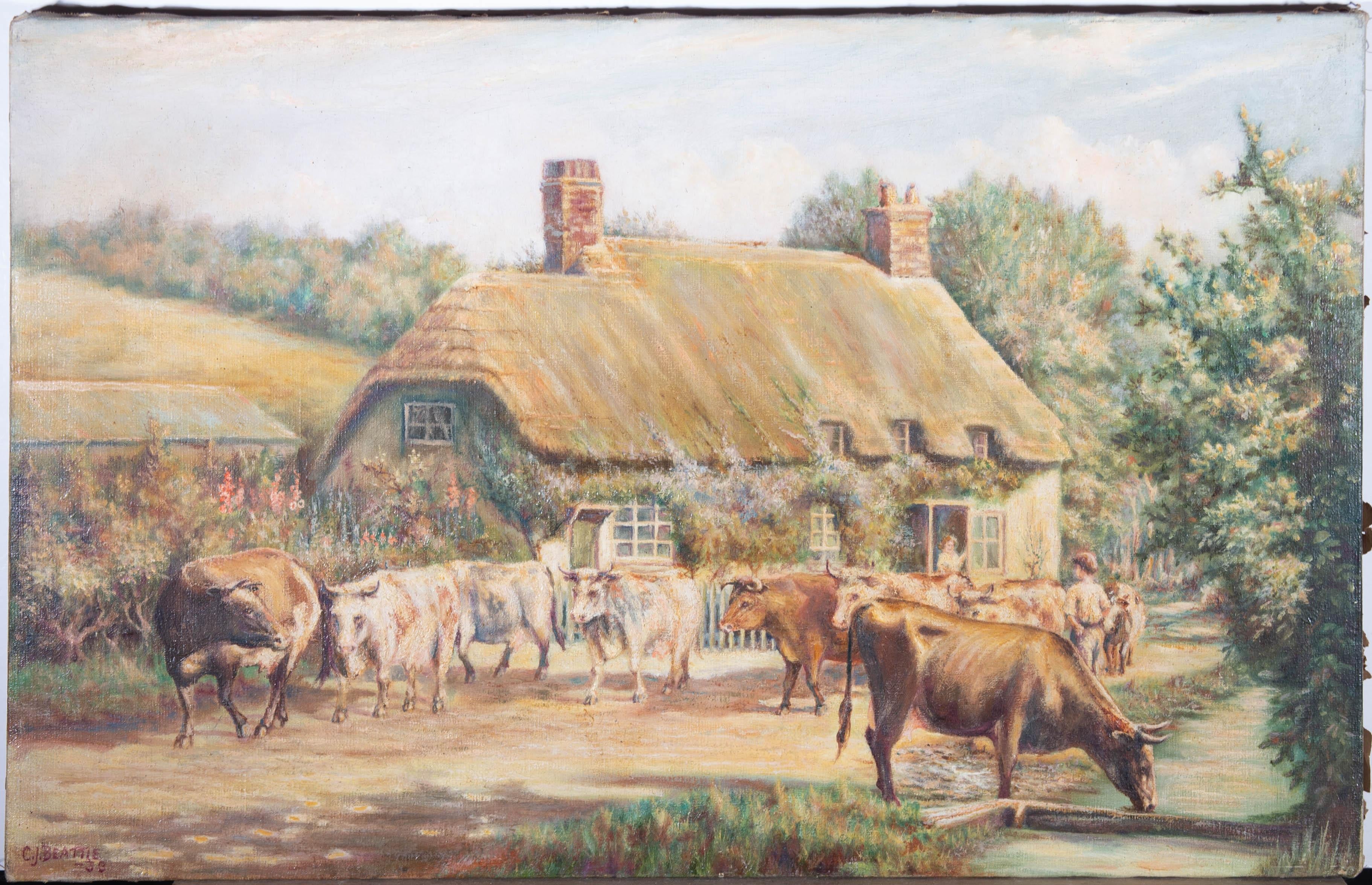 A charming scene depicting a herd of cows by a quaint thatched cottage. Painted in fine detail, the artist has captured the this country scene with intricate brush strokes and delicate colour palette. Signed and dated to the lower right. On canvas