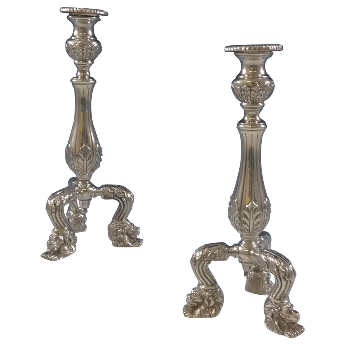C J Vander Sterling Silver Candlestick Pair with 3-D Lion