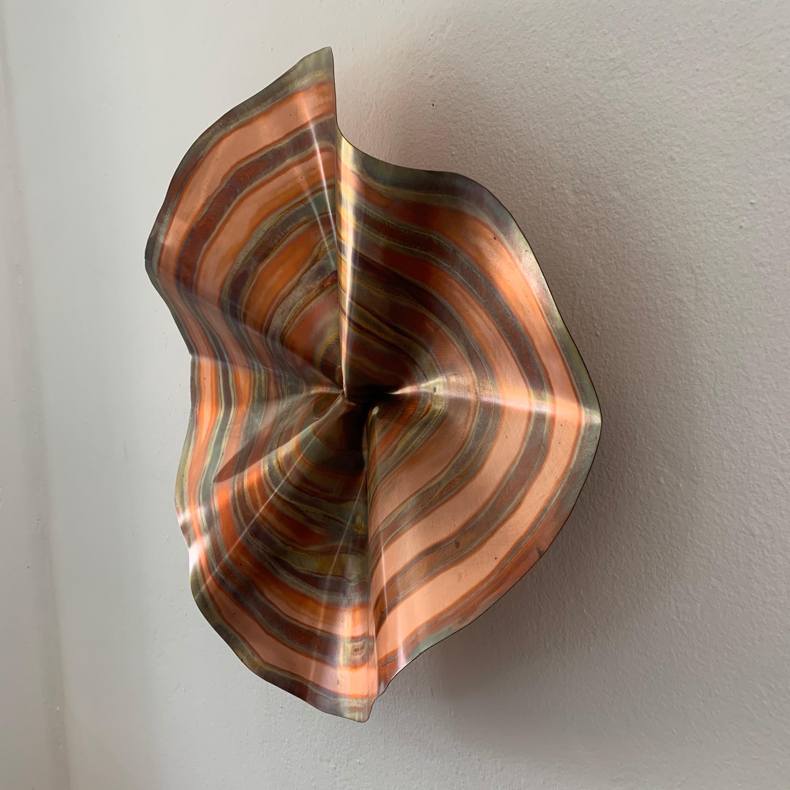 Wall sculpture rendered in acid and torch etched bent copper, designed by Curtis Jere, 2003, USA.