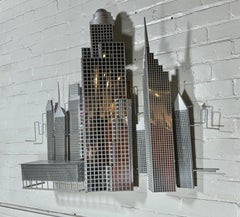C. JERE / Artisan House 3D Grid Form Skyscraper Wall Sculpture. Silver Metal