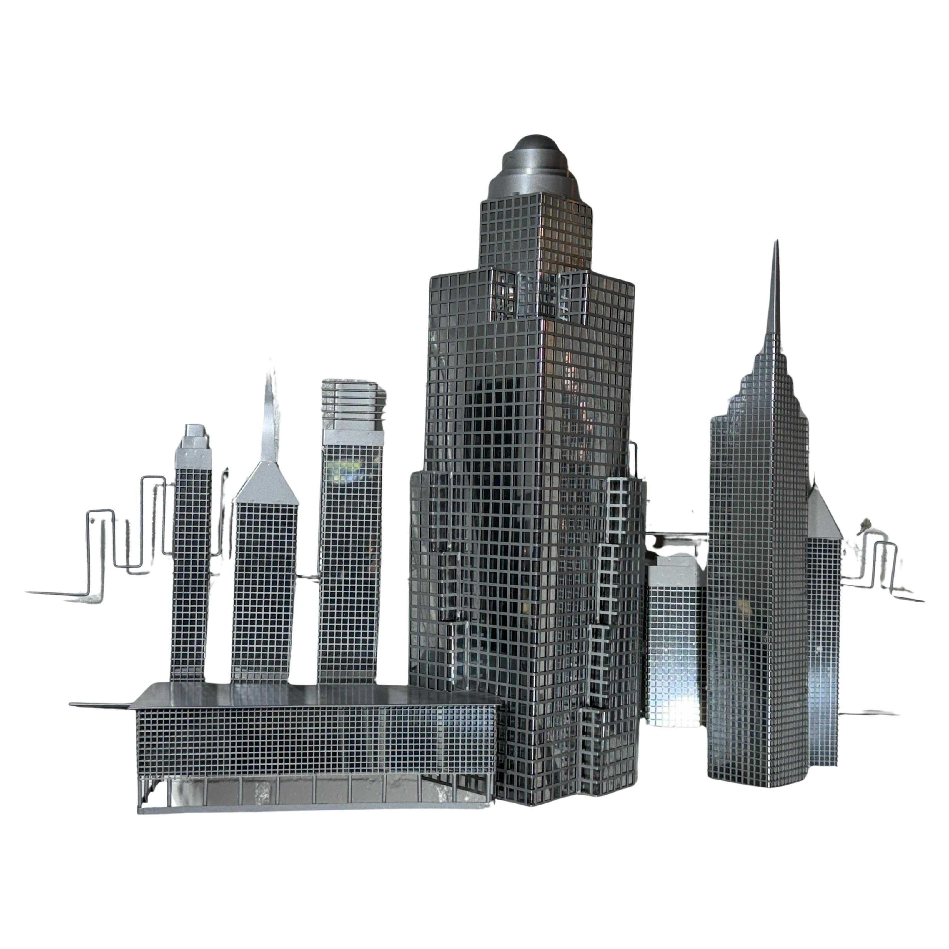 C. JERE / Artisan House 3D Grid Form Skyscraper Wall Sculpture. Silver Metal