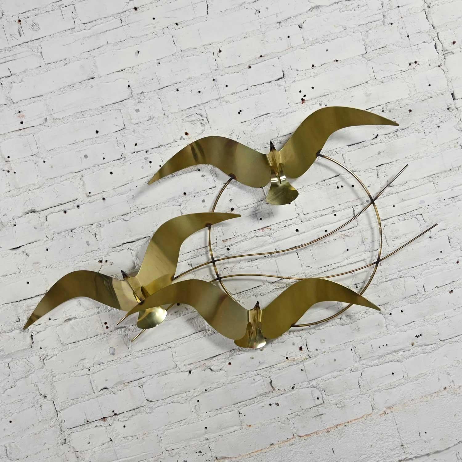 C Jere Brass Plated Bird Flock of Seagulls Wall Sculpture Signed Dated 1985 For Sale 2