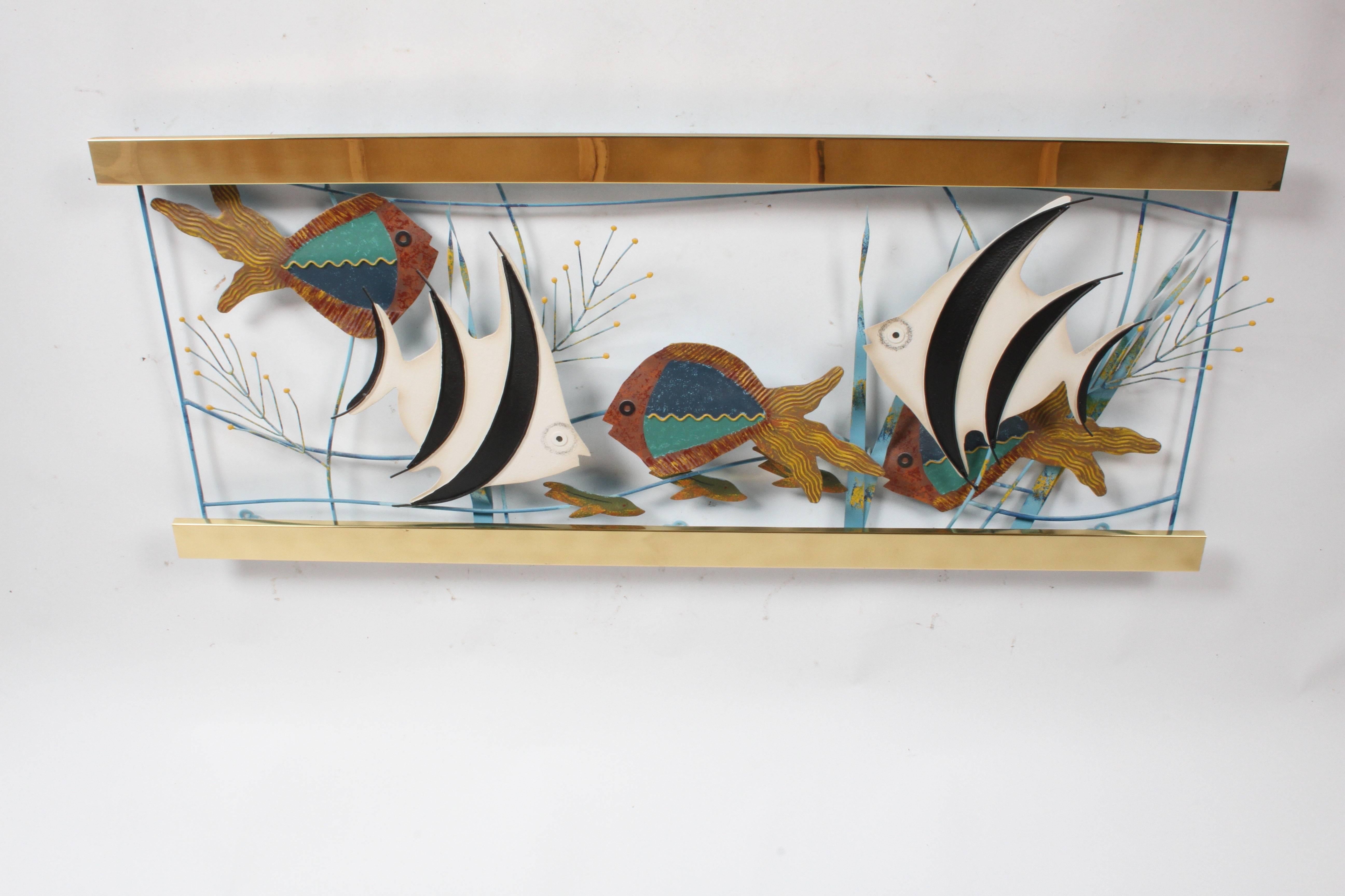 Large Curtis Jere saltwater fish aquarium wall sculpture with brass frame and colorful painted fish. Signed C. Jere 1993. Very nice condition. Brass frames sits 2.5