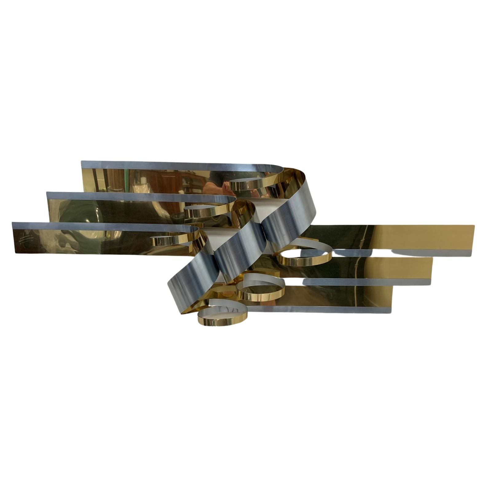 American C. Jere Large Ribbon Brass and Steel Art Wall Sculpture C.1989 For Sale