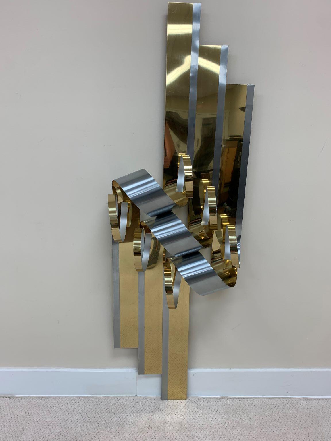 C. Jere Large Ribbon Brass and Steel Art Wall Sculpture C.1989 For Sale 2
