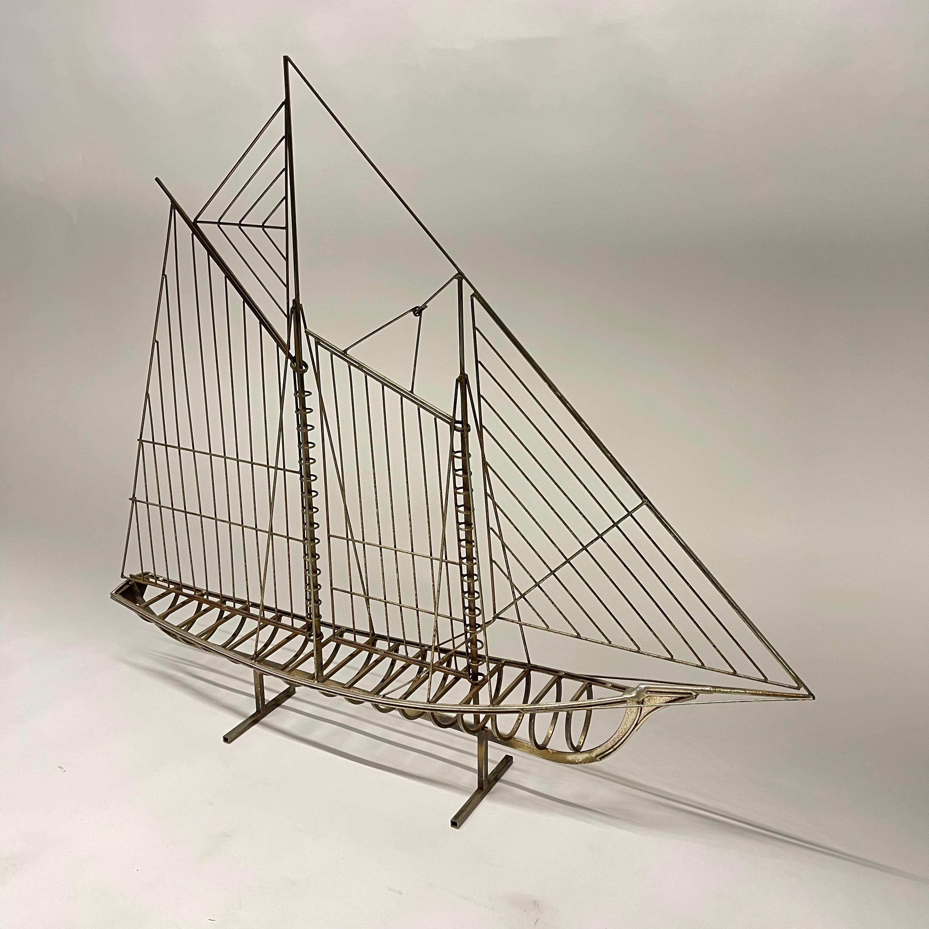 Sculptural clipper sailboat ship architectural model rendered in brass with a beautiful aged patina can be polished if desired, by C. Jere, circa 1970's.