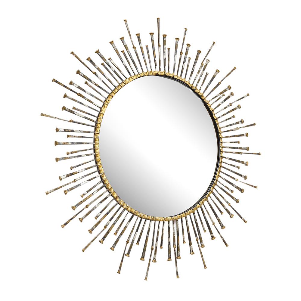 C. Jere Mirror, Spikes signed. A radiant sun mirror constructed with railroad spike or forged nails which were detailed in gold and silver leaf. Signed C. Jere, 69. Manufactured by Artisan House of California. Mirror only measures 19.5