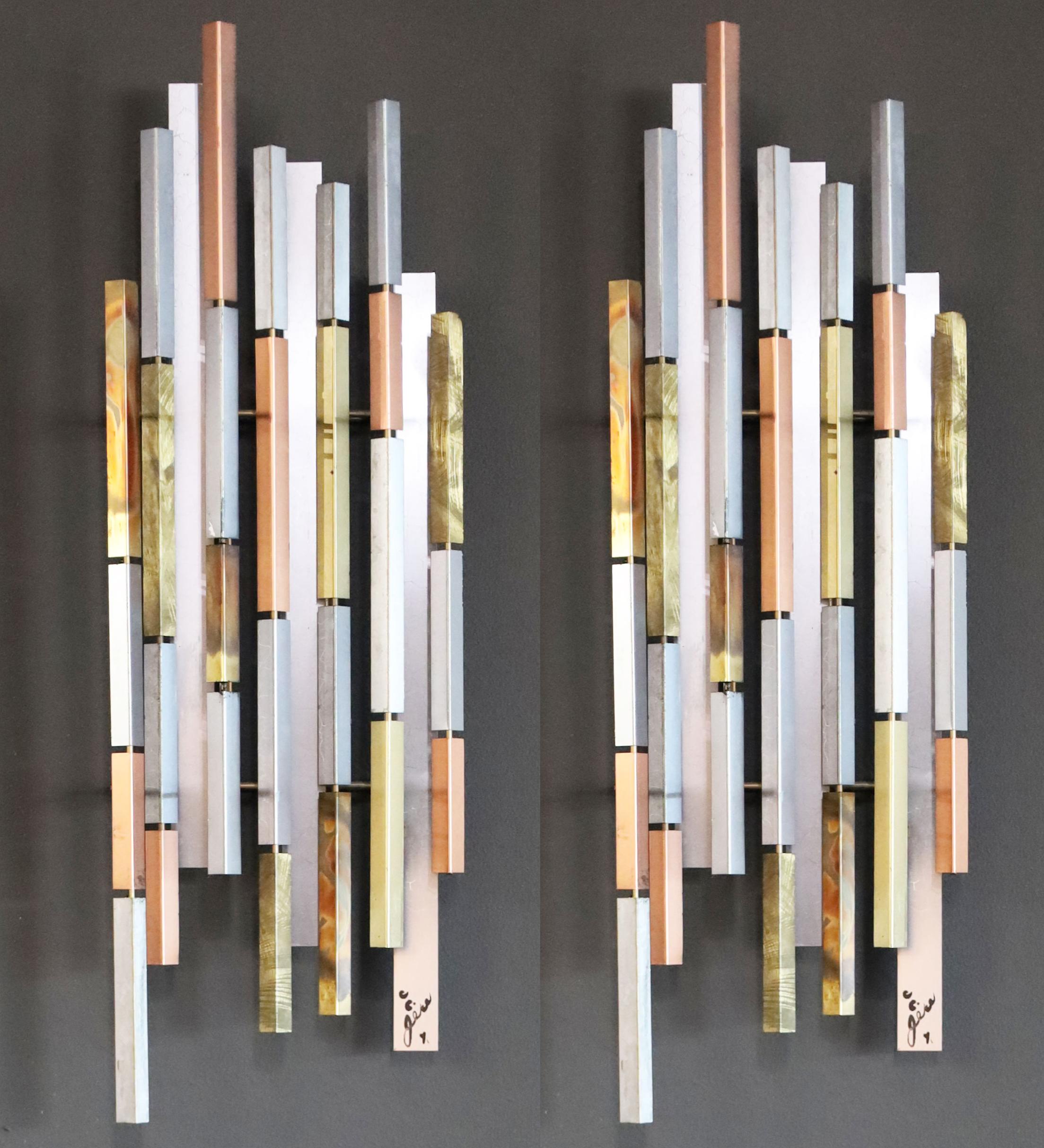These can be stacked or placed side by side. A mixed metal with mixed finishes wall sculpture signed by C Jere and dated 1971. Measurements are for each item.