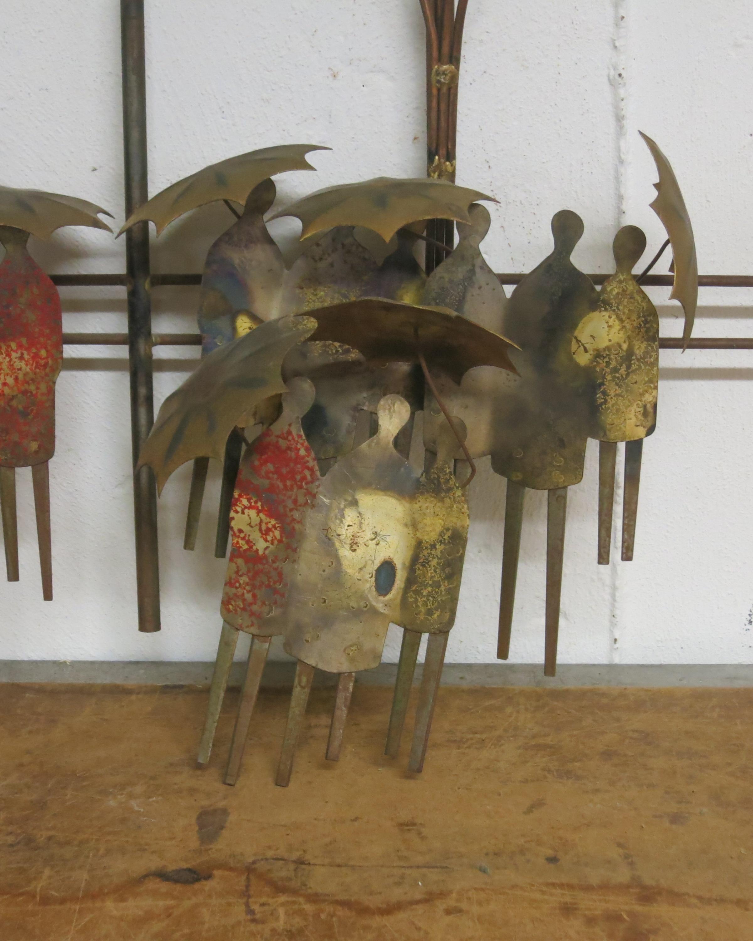 Late 20th Century C Jere Original Wall Sculpture Rain Umbrellas Painted Signed For Sale