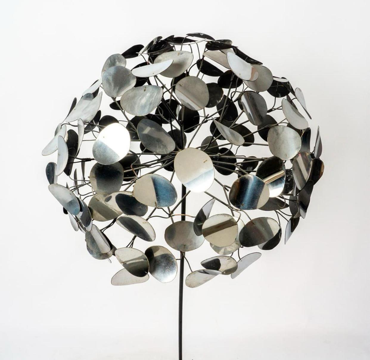 Authentic 1970 C. Jere Raindrops Tree Sculpture. Not a reproduction. The piece is made of chrome plated metal circles or “raindrops” welded to iron branches in the shape of a round topiary garden tree or shrub. This round ball like piece is then