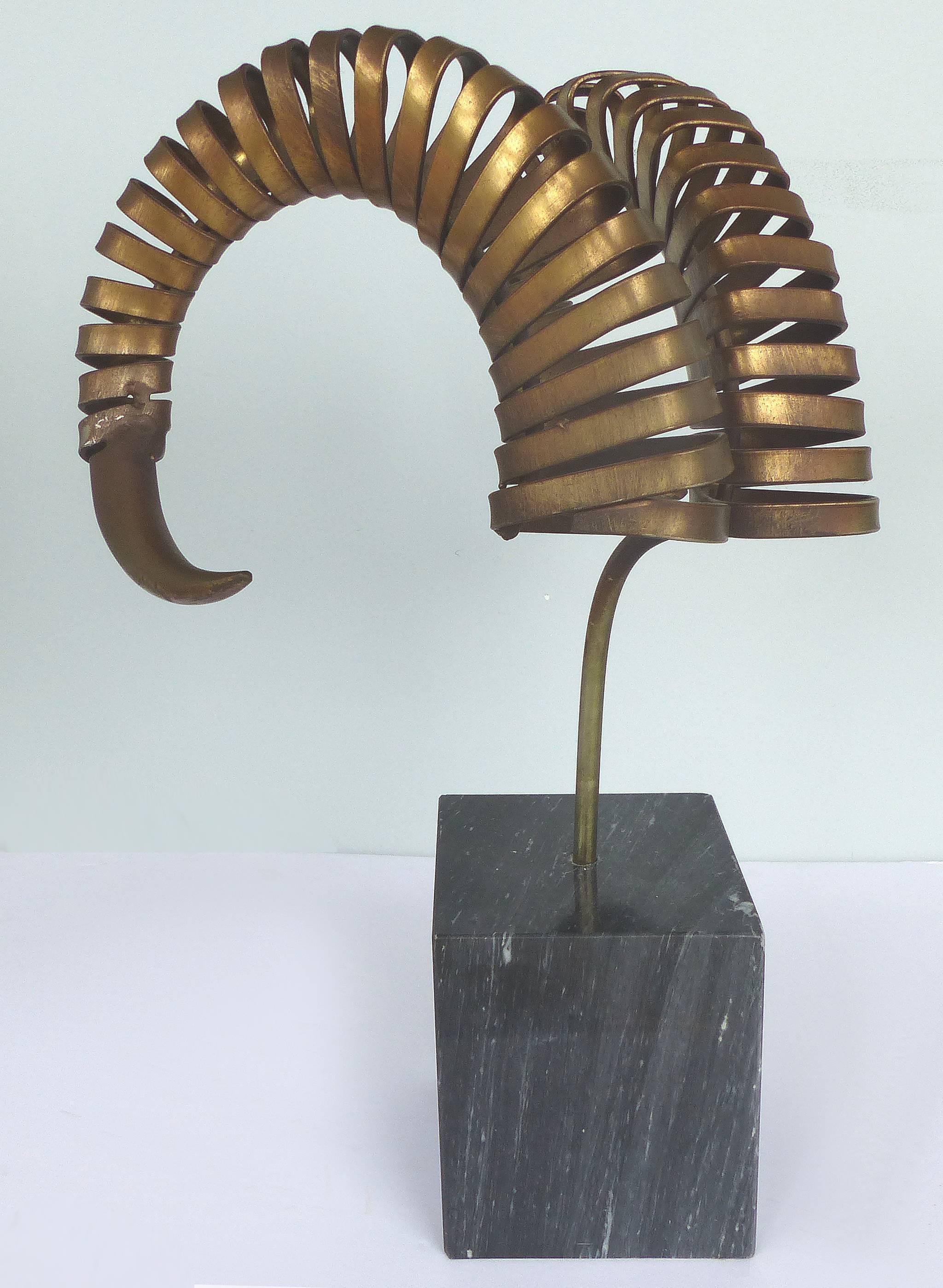 American C. Jere Ram's Horn Sculpture on Marble Base, Twice Signed and Dated, 1983
