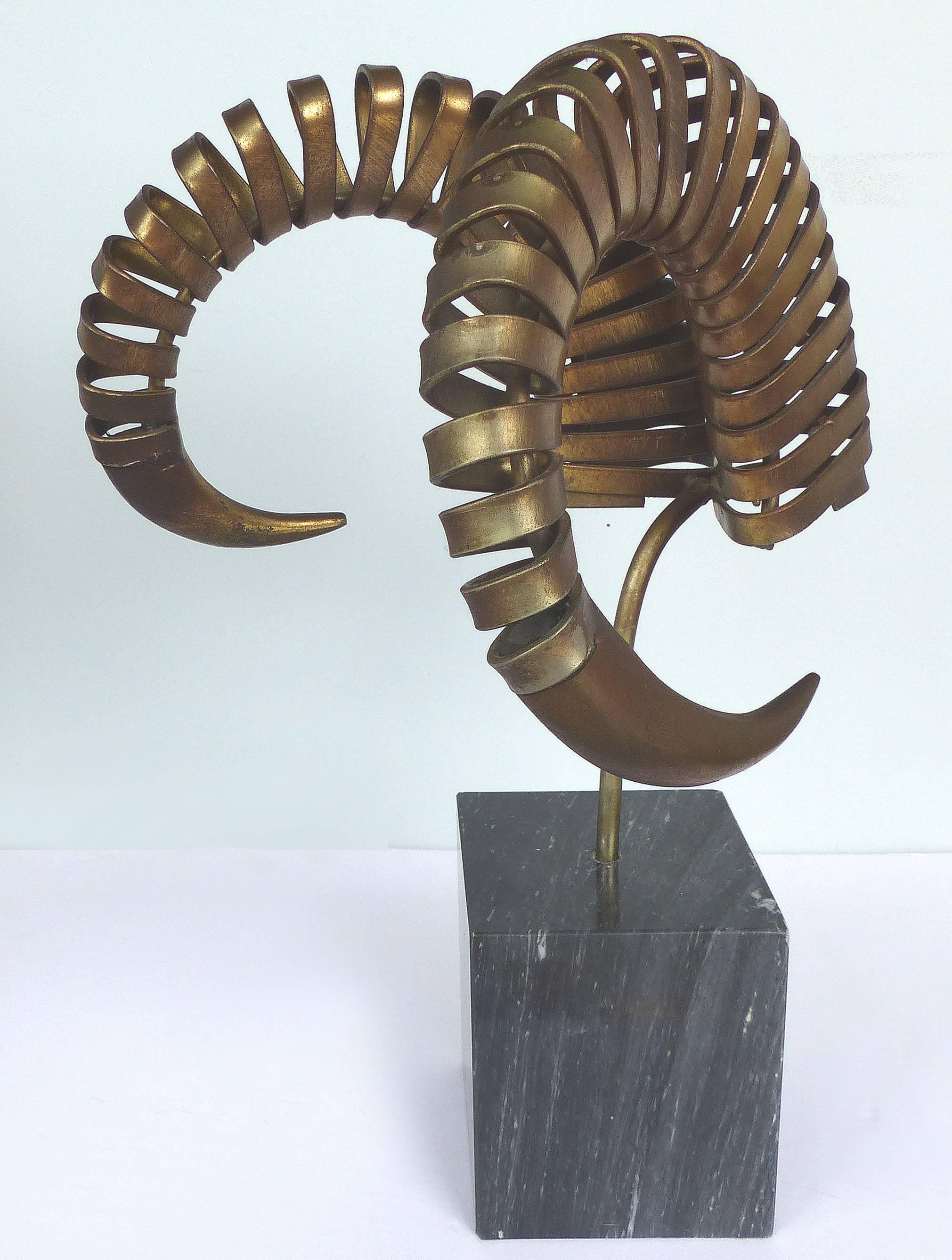 Plated C. Jere Ram's Horn Sculpture on Marble Base, Twice Signed and Dated, 1983