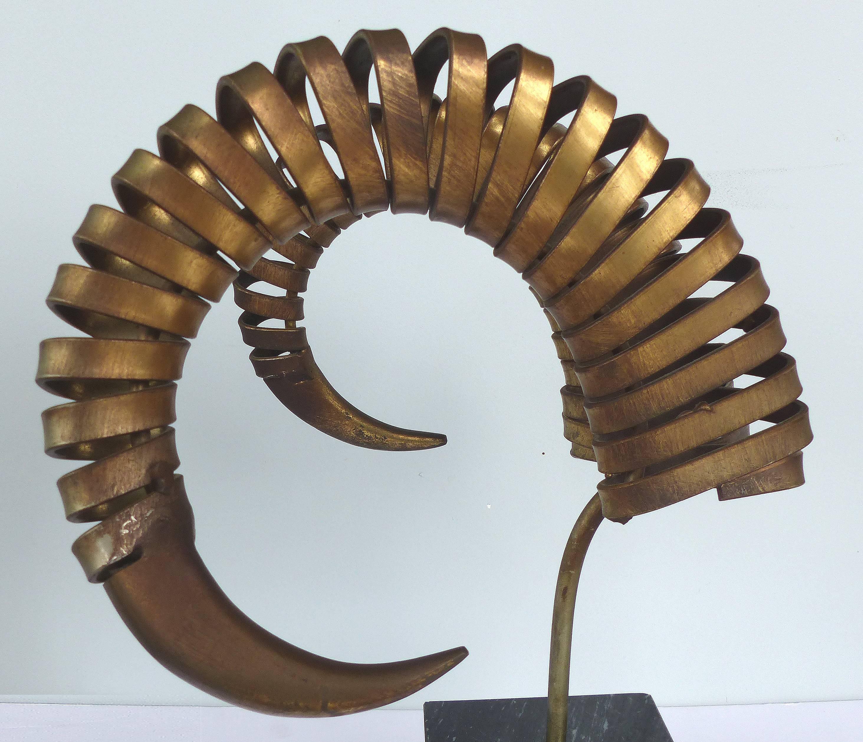 C. Jere Ram's Horn Sculpture on Marble Base, Twice Signed and Dated, 1983 In Excellent Condition In Miami, FL