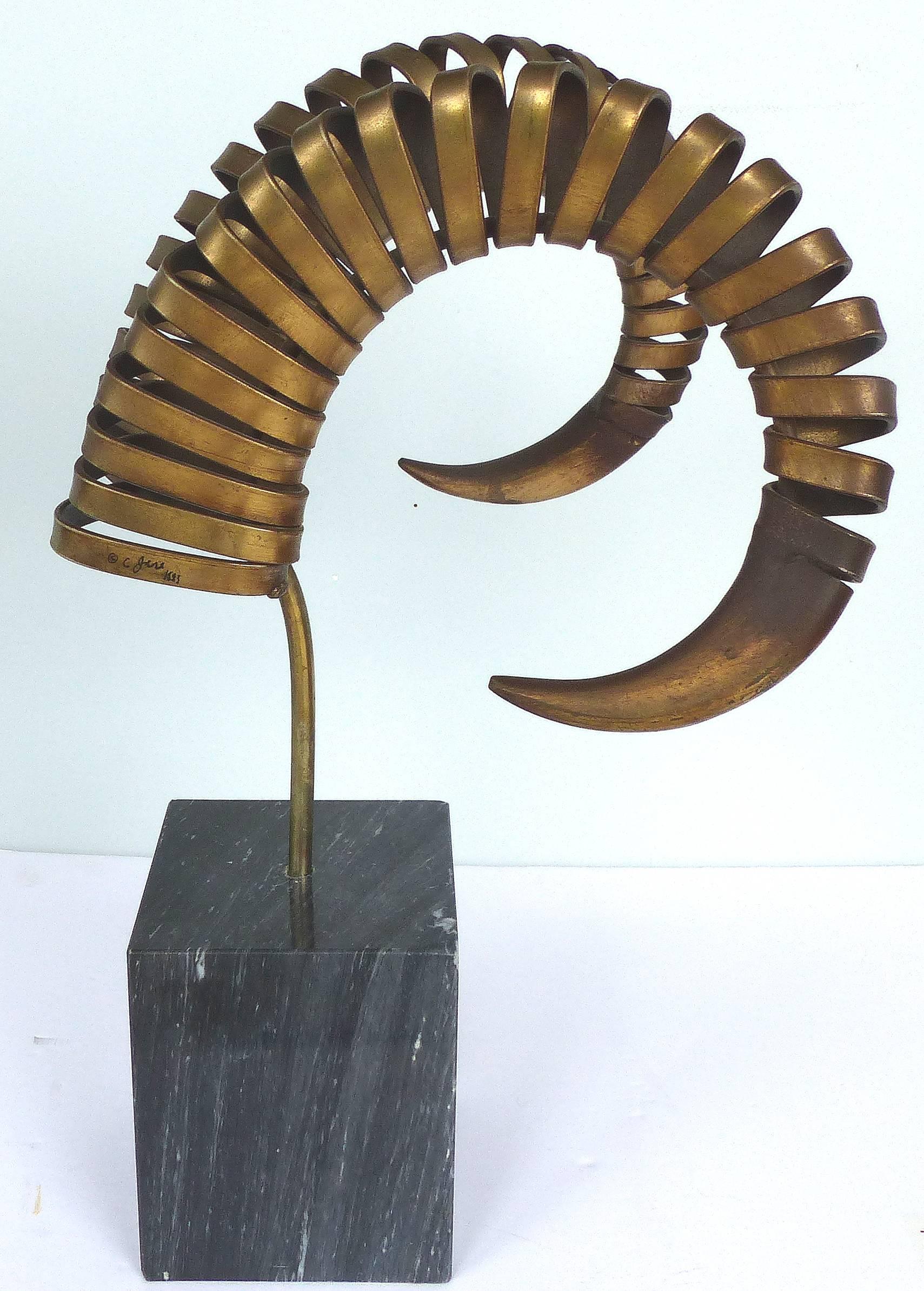 Late 20th Century C. Jere Ram's Horn Sculpture on Marble Base, Twice Signed and Dated, 1983