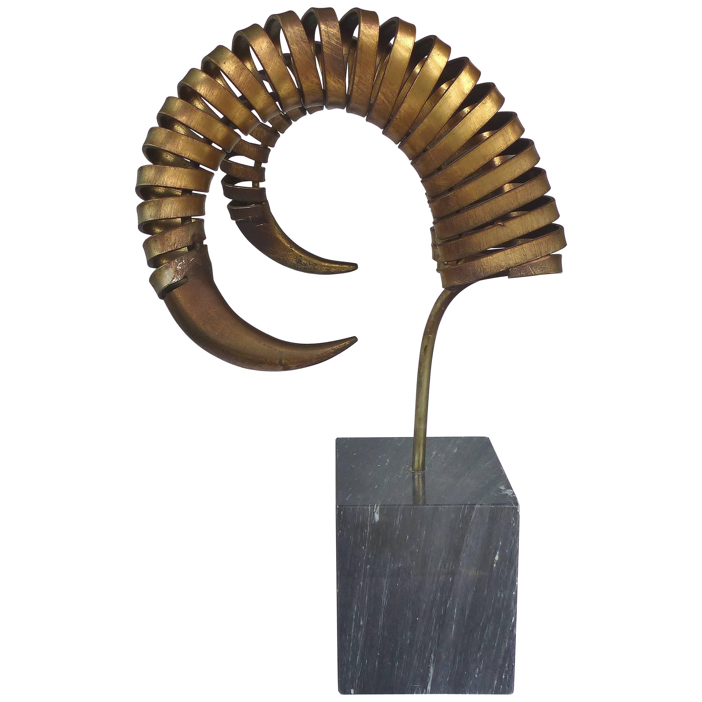 C. Jere Ram's Horn Sculpture on Marble Base, Twice Signed and Dated, 1983
