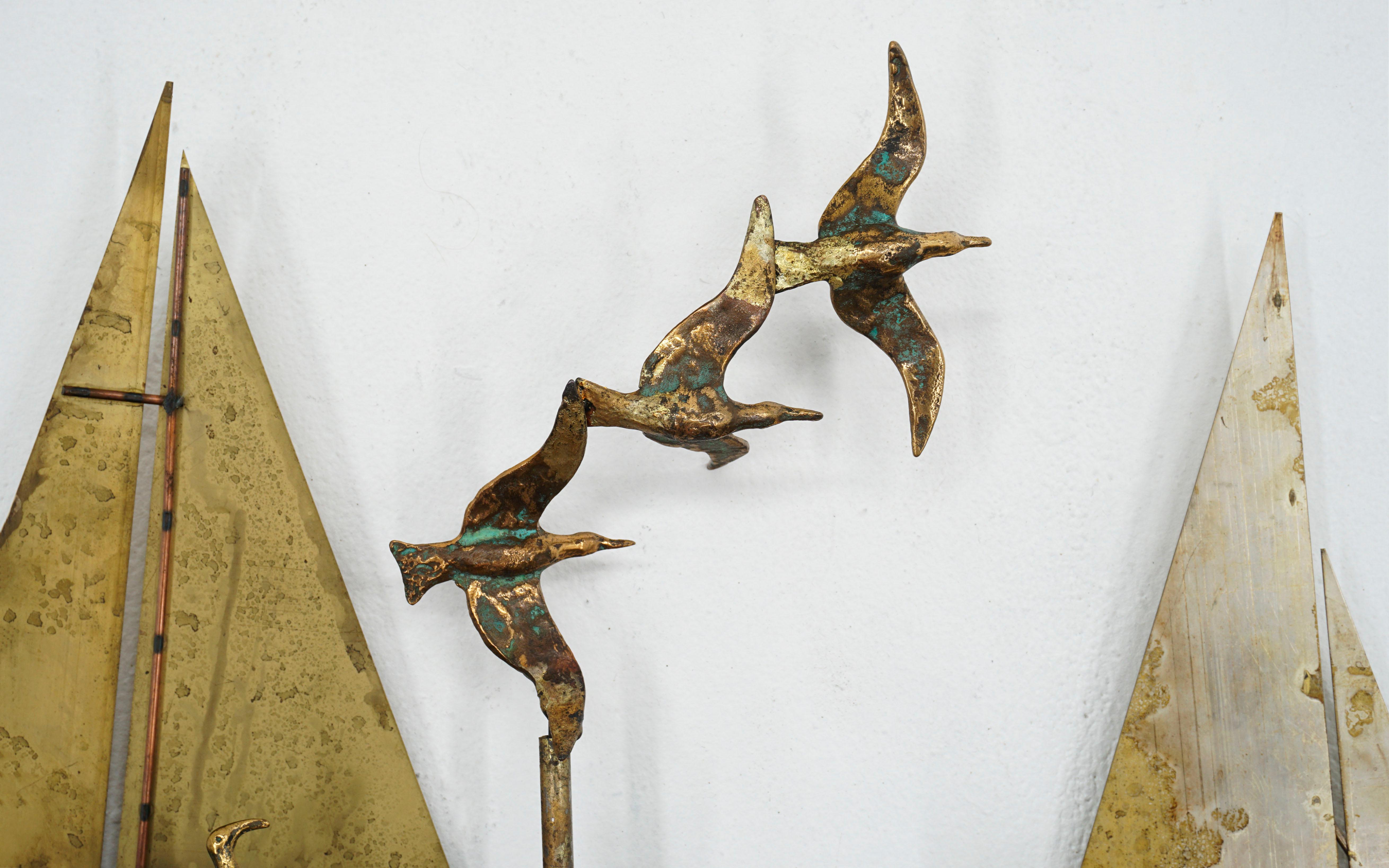 Mid-Century Modern C. Jere Signed Ships and Birds Brass Wall Sculpture