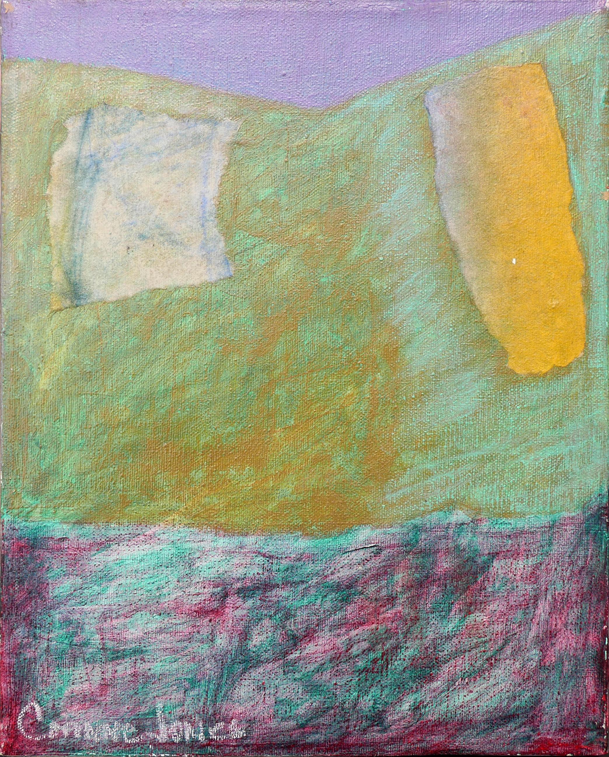 Pastel yellow and lavender abstract geometric painting by artist C. Jones. The painting depicts abstract shapes in the forefront against a green and orange background. Below is a dark pink, black, and teal color field done through expressionist