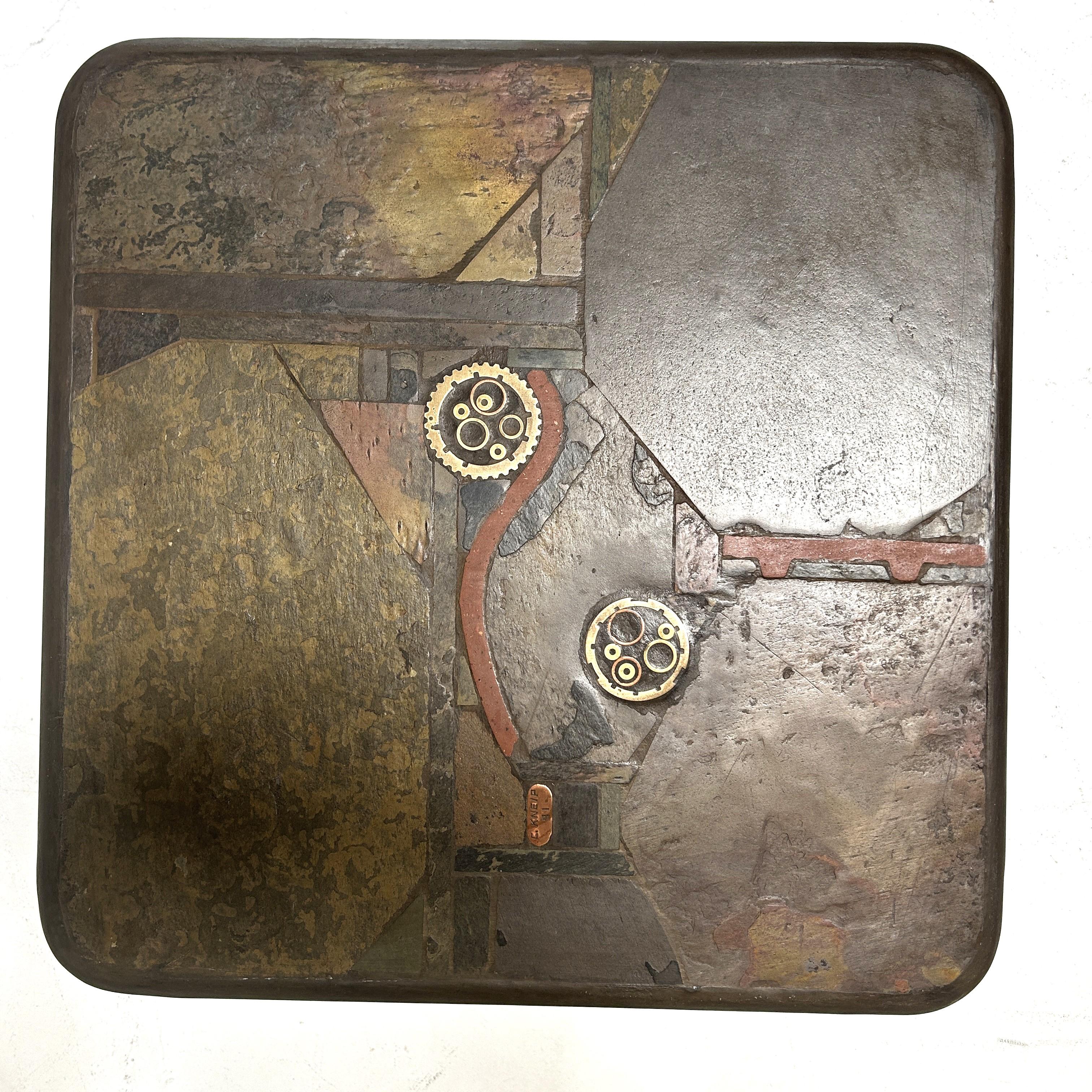 Brass C. Kneip, brutalist Coffee Table made of Indian colored slate, 1991 For Sale