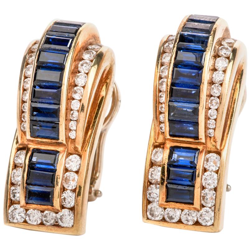 1980's  vintage Elegant Designer Charles Krypell diamond and sapphire earrings for pierced ears crafted in 18K yellow gold.

Material: 18K yellow gold

Weight: 24.9 grams

Dimensions: 25mm x 10mm

Diamonds: 64 round cut Diamonds approx: 1.40cttw,