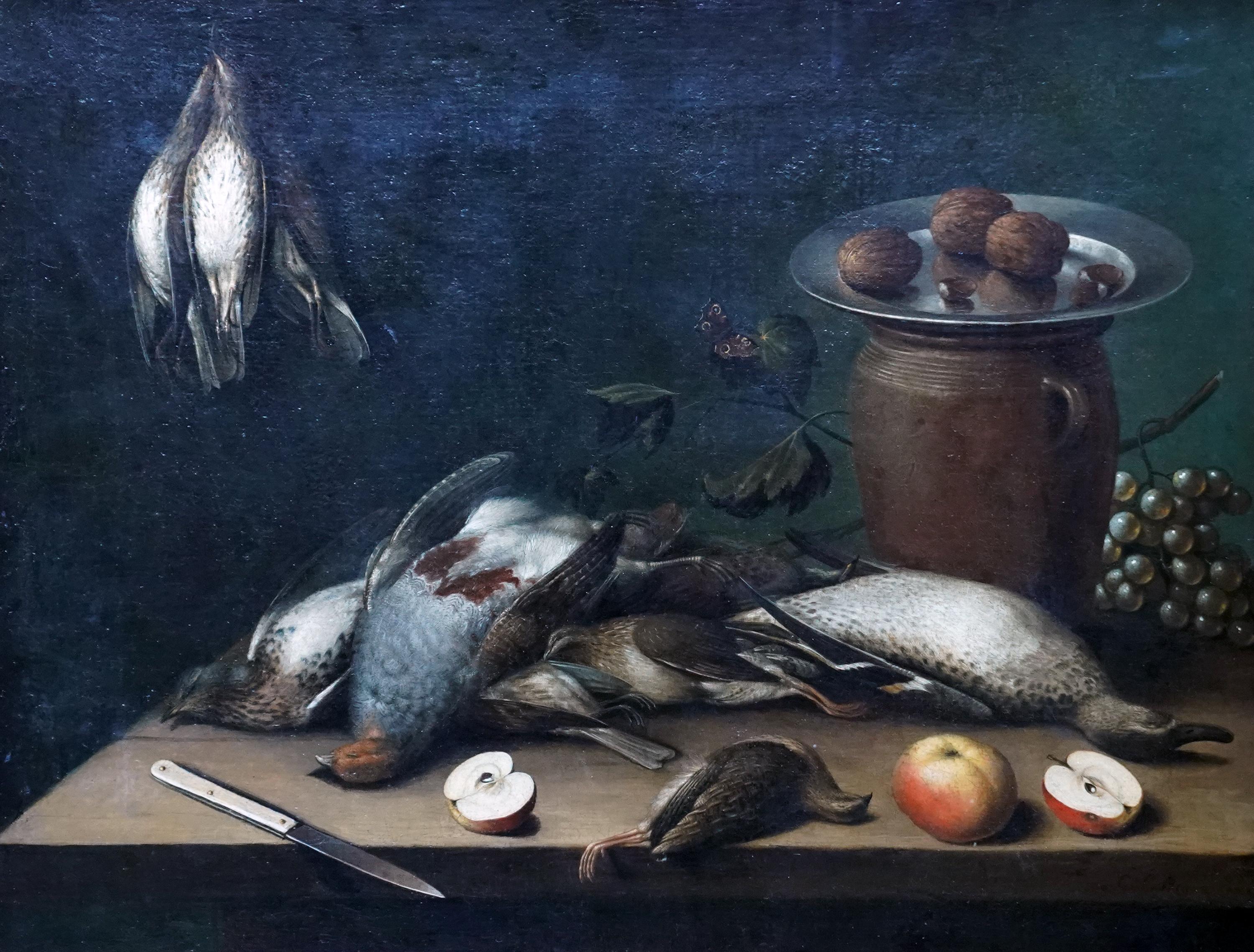 Tischplatte Stillleben mit Vögeln, Früchten und Nussbaumholz – Ölgemälde eines alten Meisters im Angebot 7