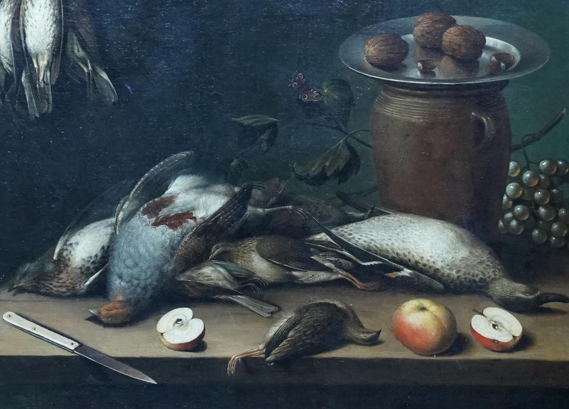 Table Top Still Life with Birds, Fruit and Walnuts - Old Master art oil painting - Old Masters Painting by C L Braun