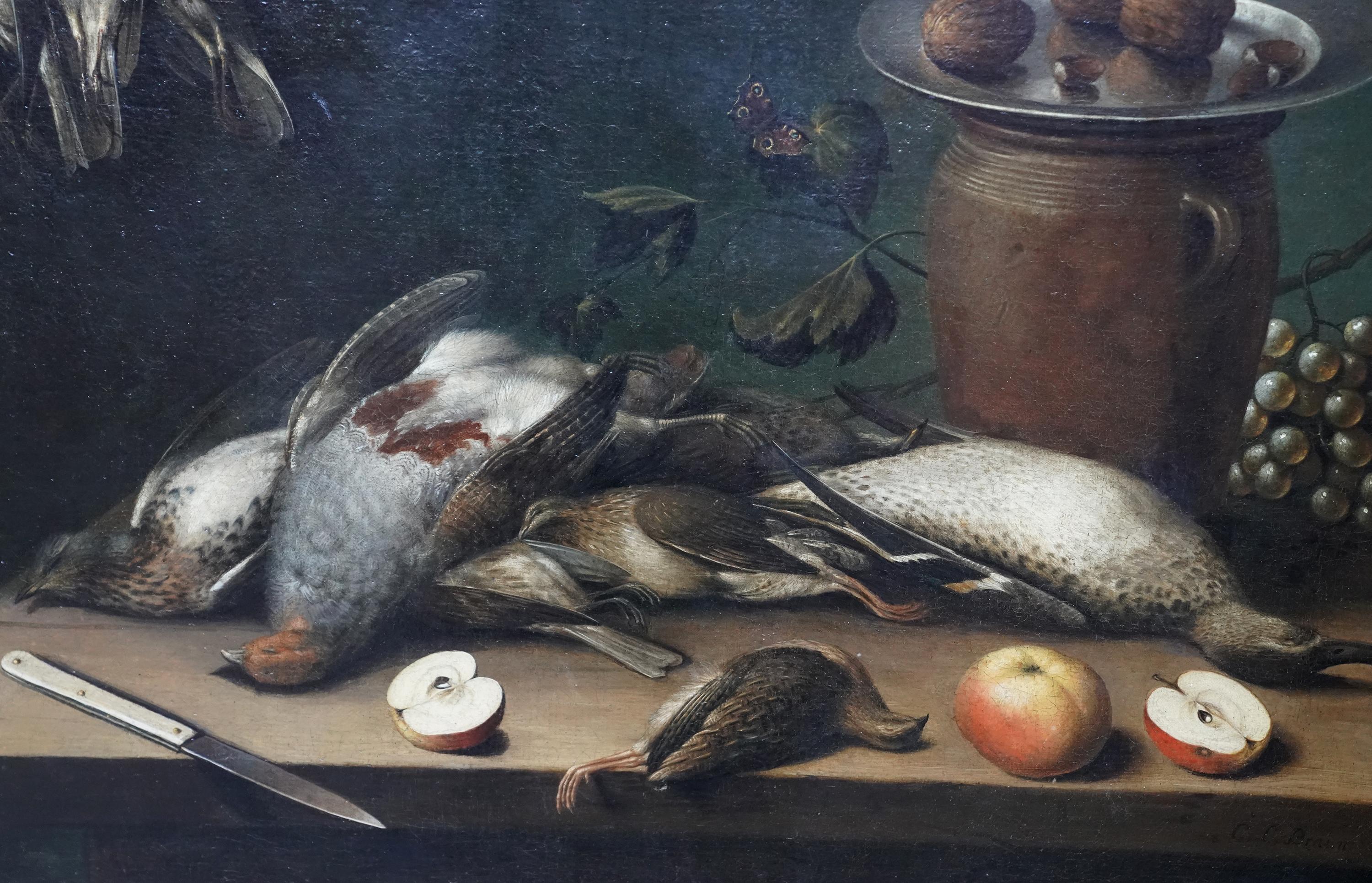 Tischplatte Stillleben mit Vögeln, Früchten und Nussbaumholz – Ölgemälde eines alten Meisters (Alte Meister), Painting, von C L Braun
