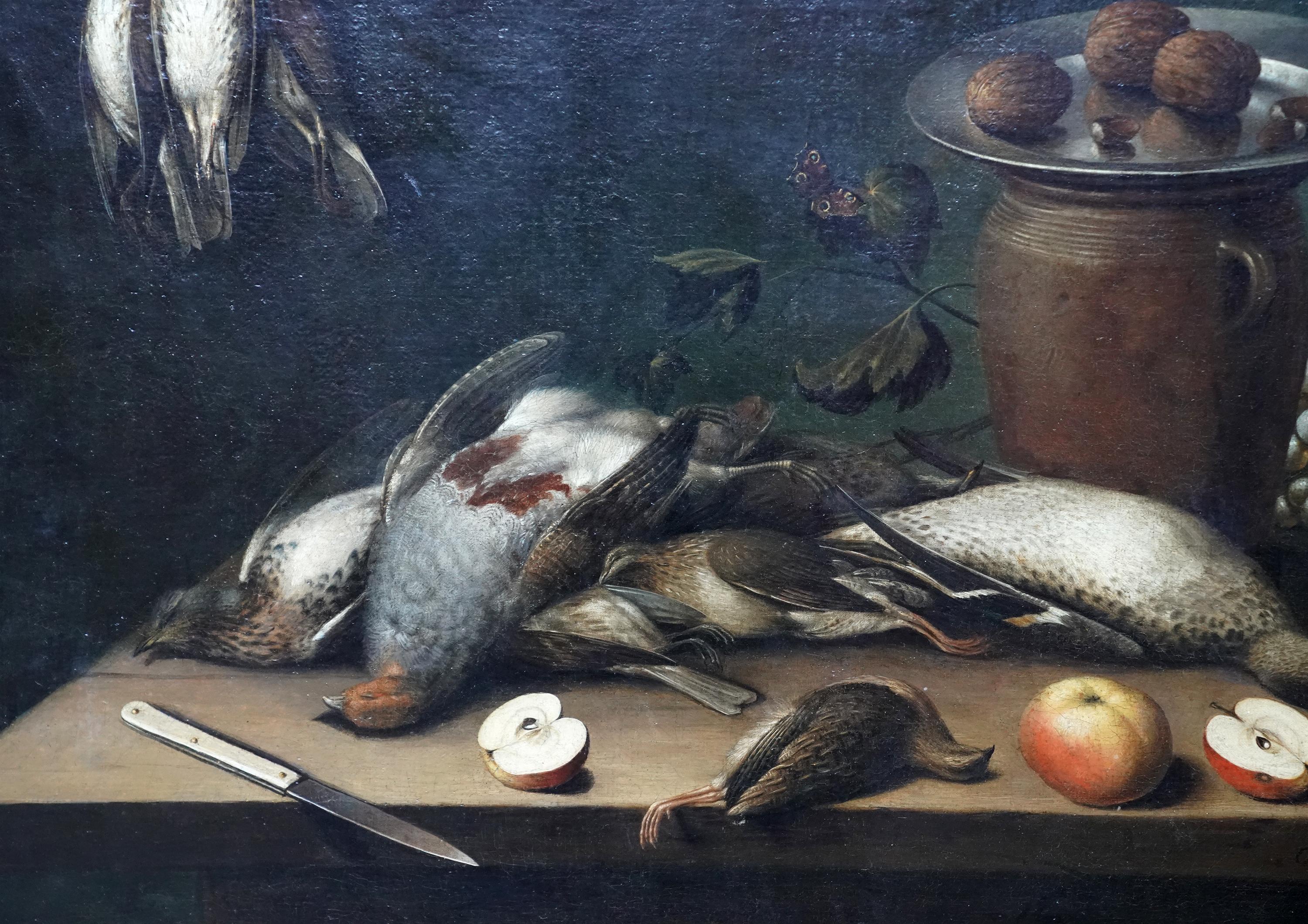 Table Top Still Life with Birds, Fruit and Walnuts - Old Master art oil painting For Sale 1