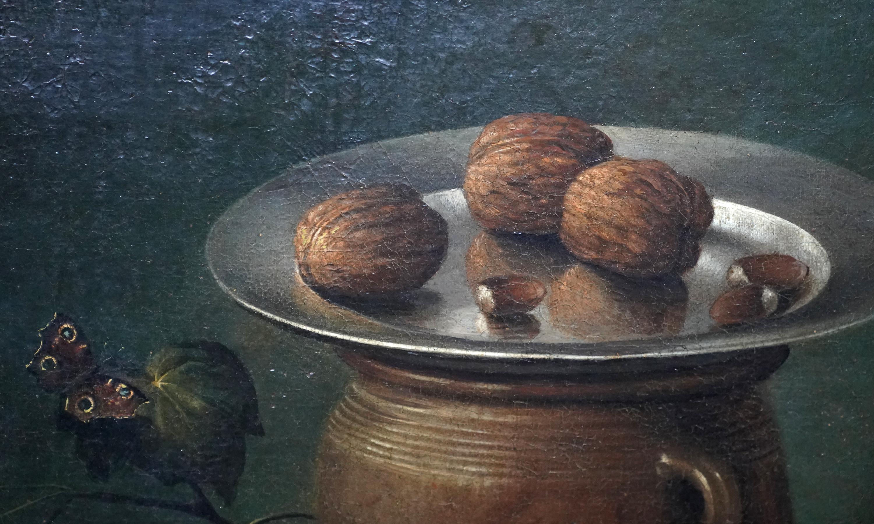 Tischplatte Stillleben mit Vögeln, Früchten und Nussbaumholz – Ölgemälde eines alten Meisters im Angebot 1