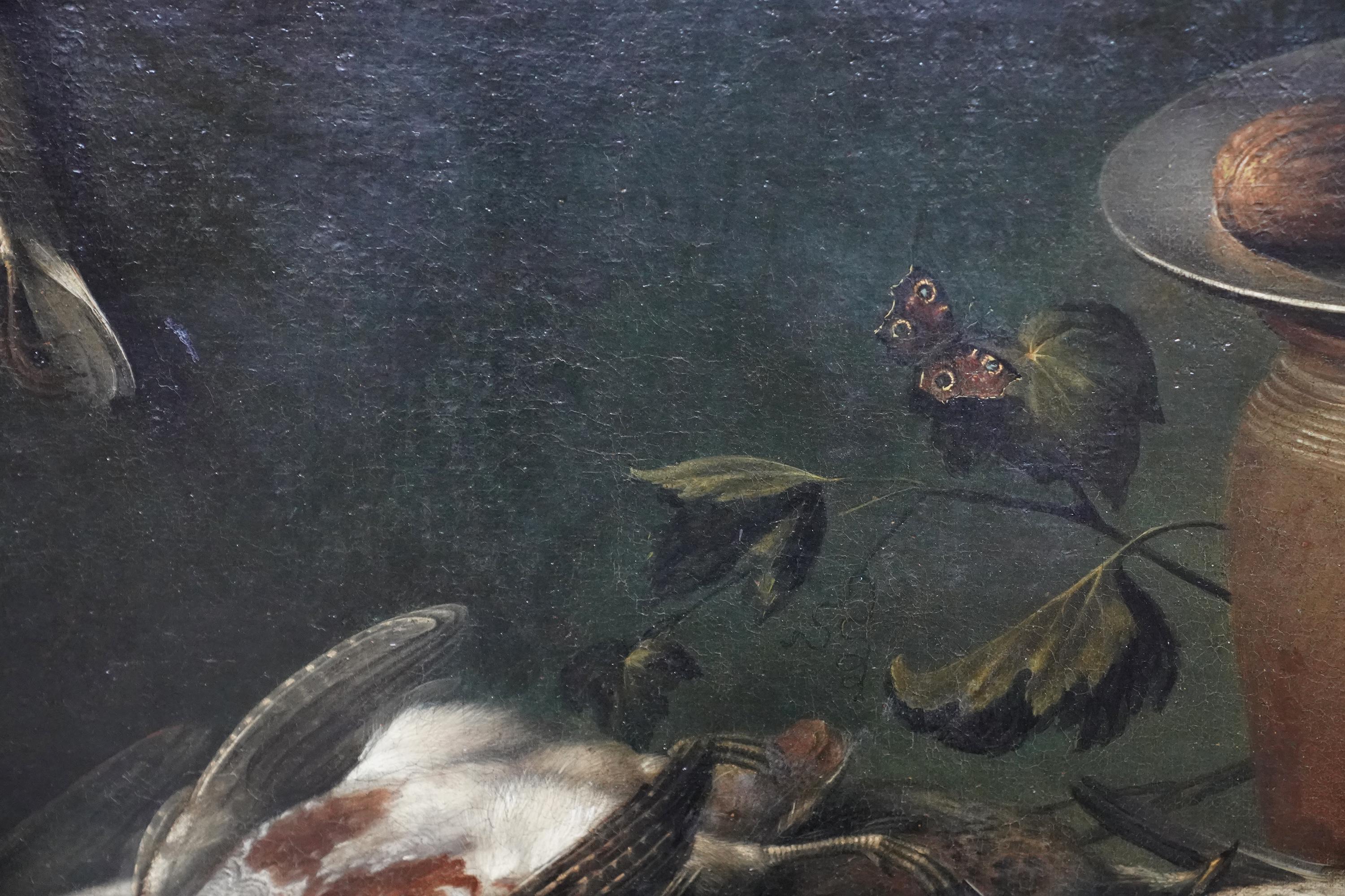 Tischplatte Stillleben mit Vögeln, Früchten und Nussbaumholz – Ölgemälde eines alten Meisters im Angebot 3