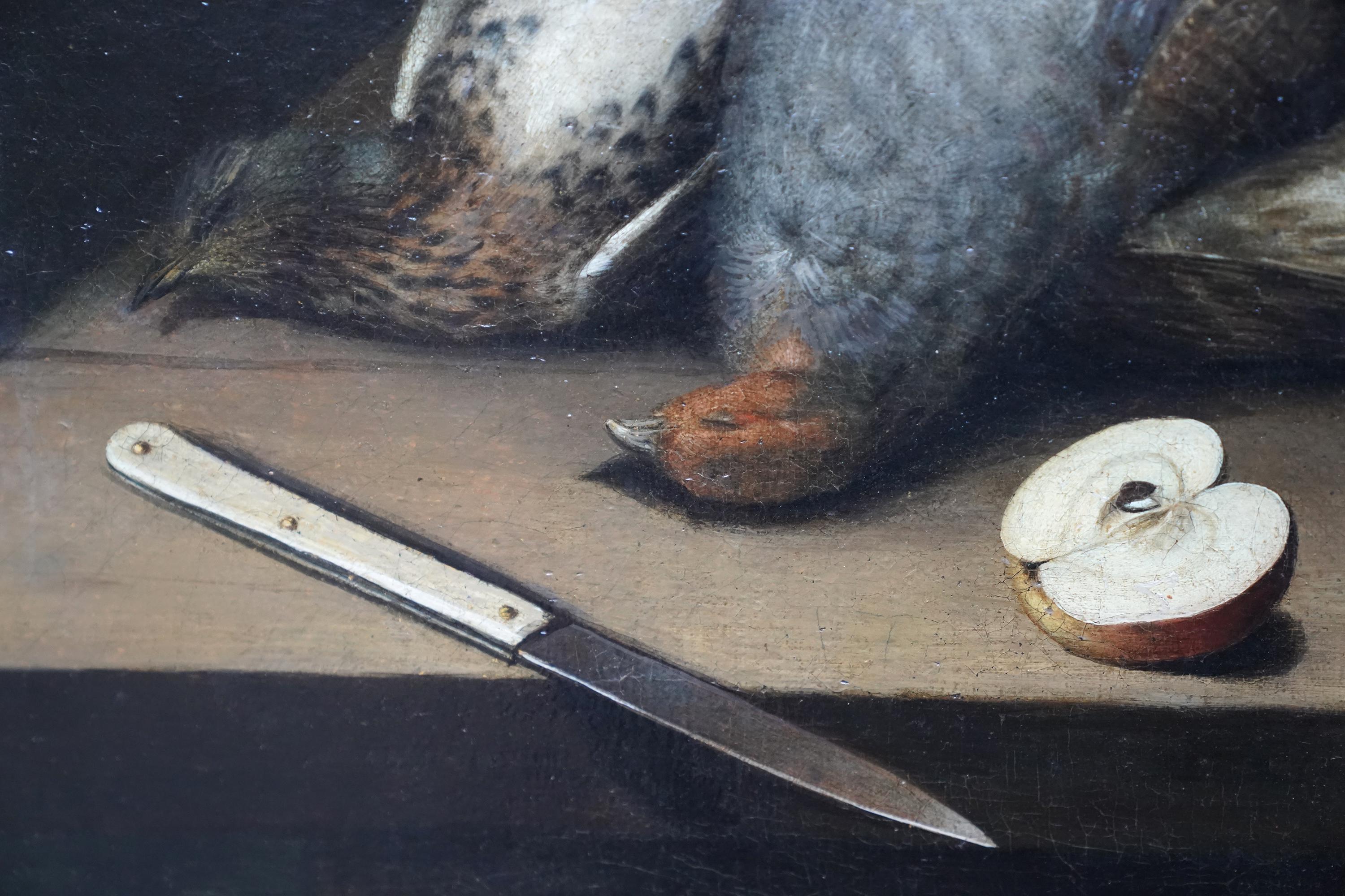 Tischplatte Stillleben mit Vögeln, Früchten und Nussbaumholz – Ölgemälde eines alten Meisters im Angebot 4