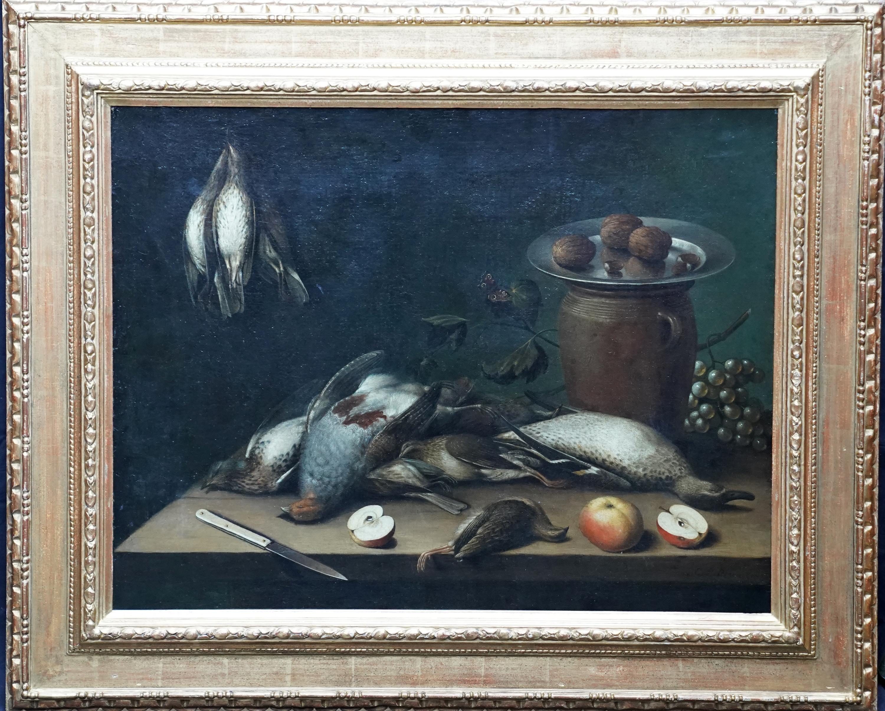 Tischplatte Stillleben mit Vögeln, Früchten und Nussbaumholz – Ölgemälde eines alten Meisters
