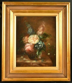 Vintage Classical Floral Still Life Painting of Mixed Pale Flowers in Vase