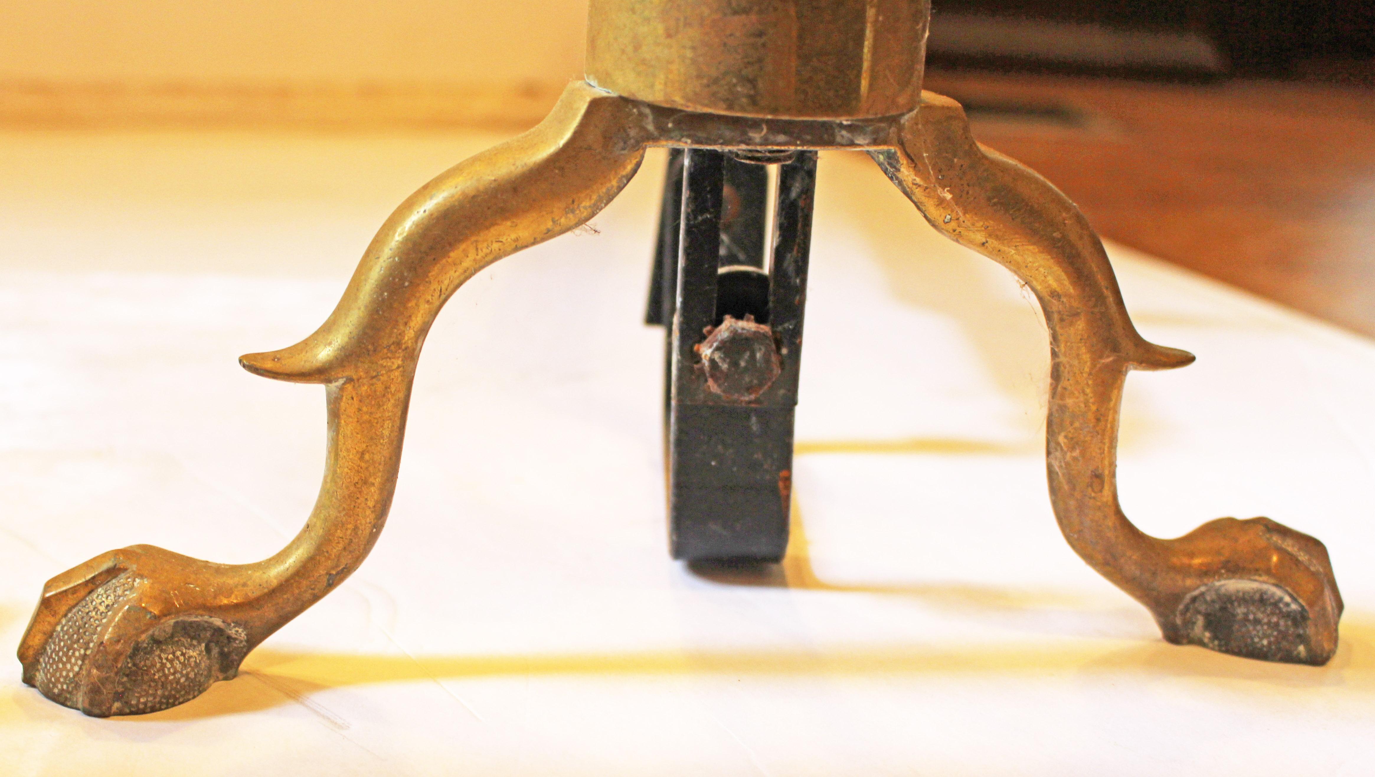 Late 19th century pair of Chippendale style brass & iron andirons. Hexagonal bodies below shaped turnings, surmounted by balls with reeded tops, over spurred legs with ball & claw feet. Later 3 3/4