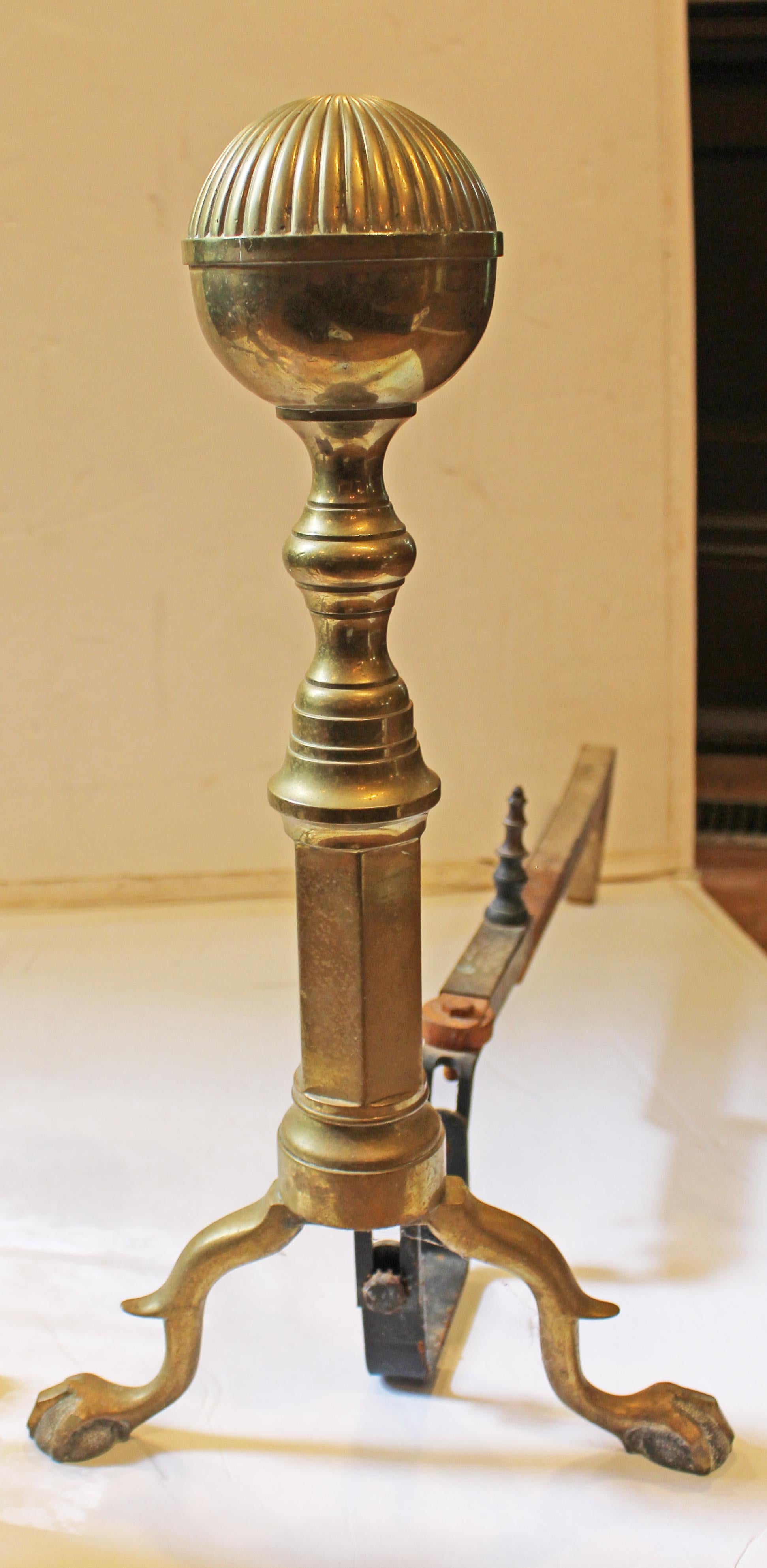 C. Late 19th Century Pair of Chippendale Style Brass & Iron Andirons In Good Condition For Sale In Chapel Hill, NC
