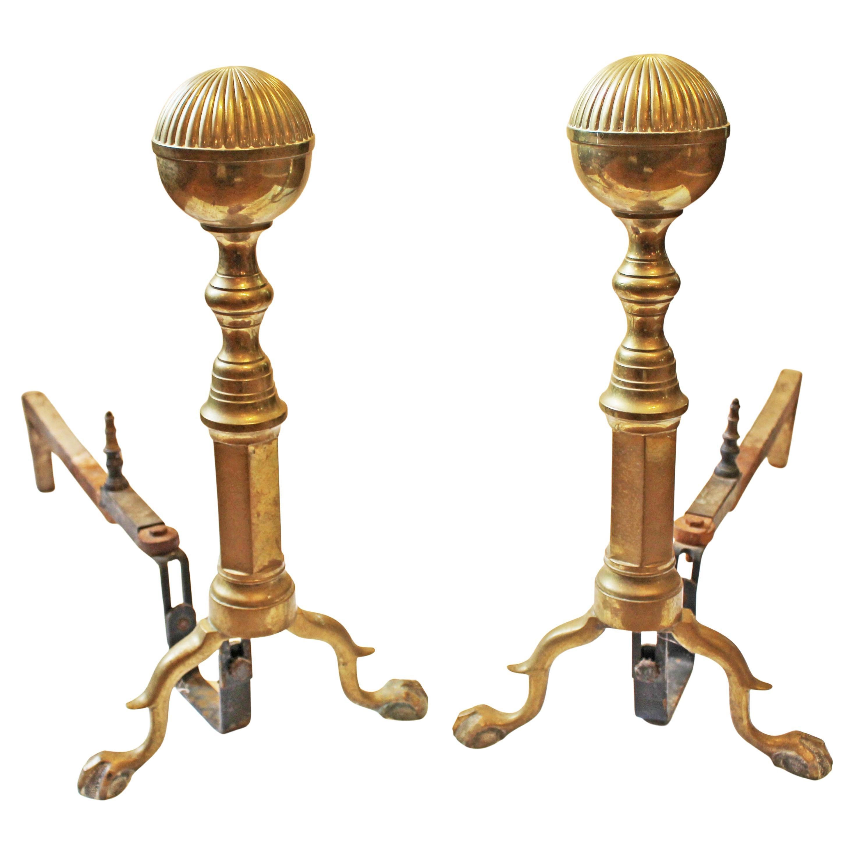 C. Late 19th Century Pair of Chippendale Style Brass & Iron Andirons For Sale