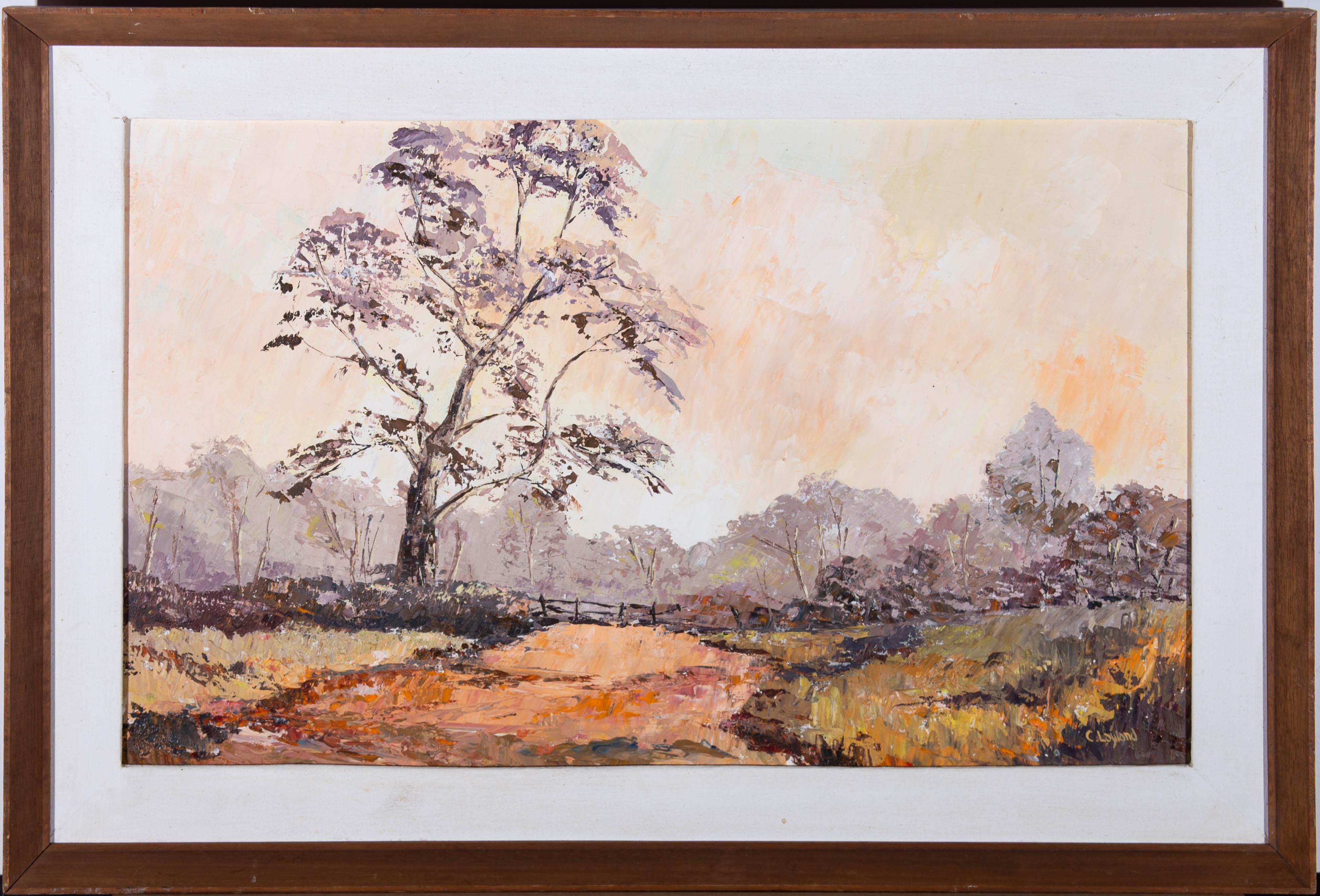 A charming impasto panoramic view of a sunset over the rural farmland. The artist has signed to the lower right and the piece has been presented in a white slip and wooden frame. On board.











