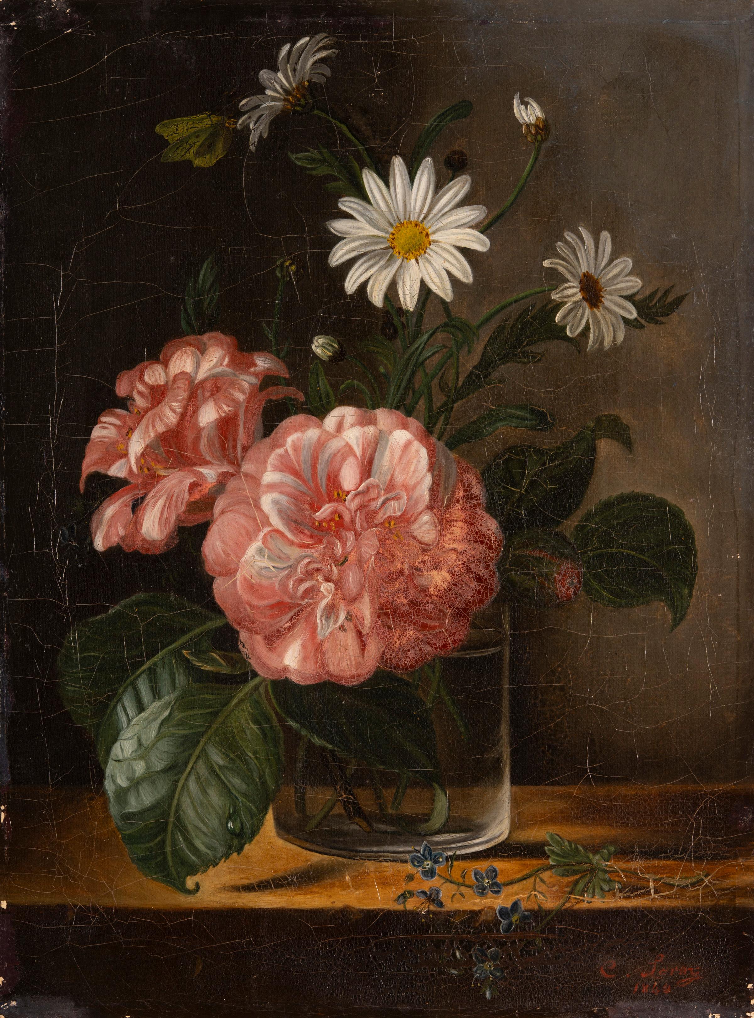 Natura morta floreale con camelie e margherite, dipinto a olio in stile naturalistico, firmato