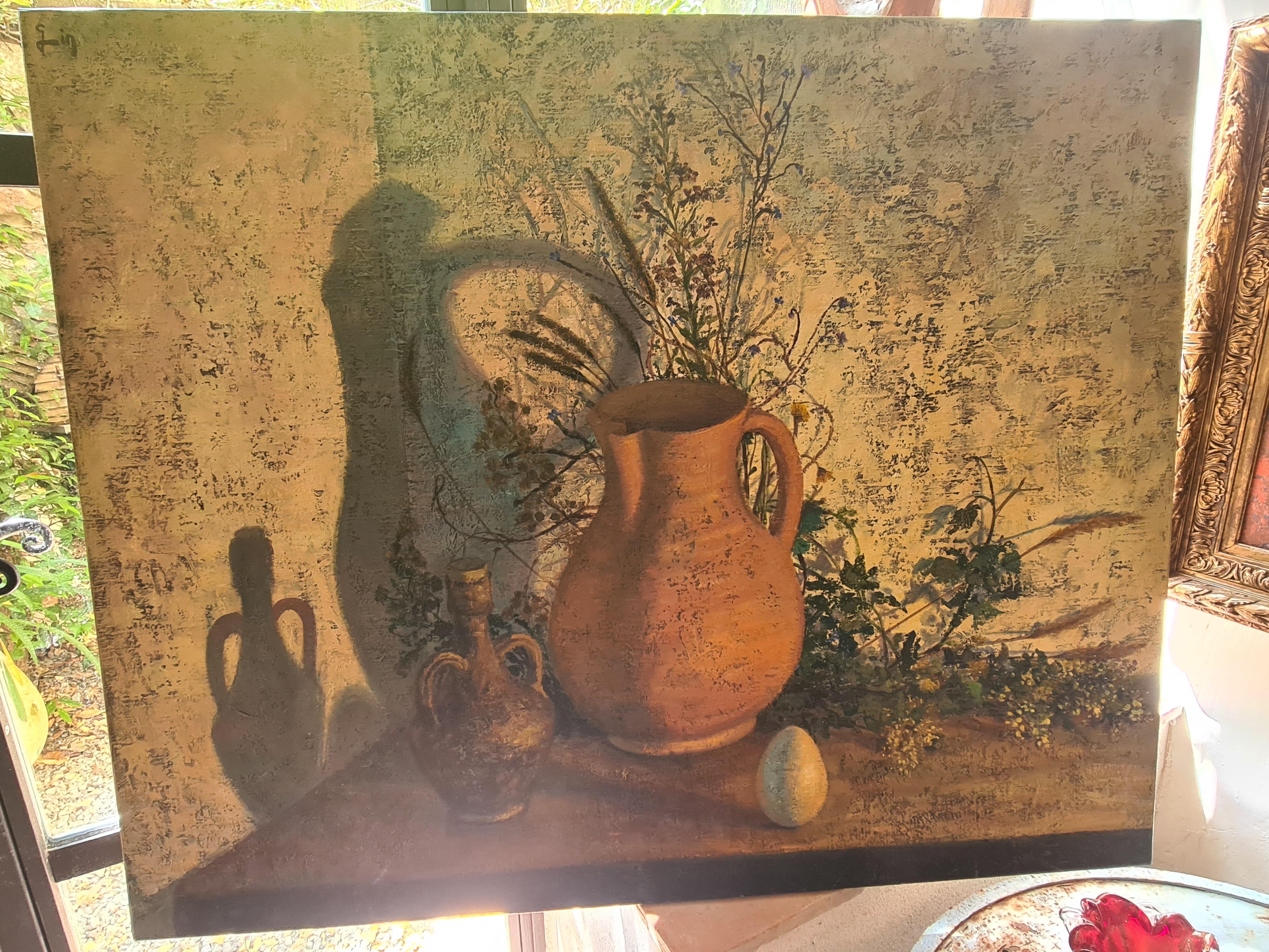 林 Nature morte sur toile, pichet, œuf et ombres en vente 9