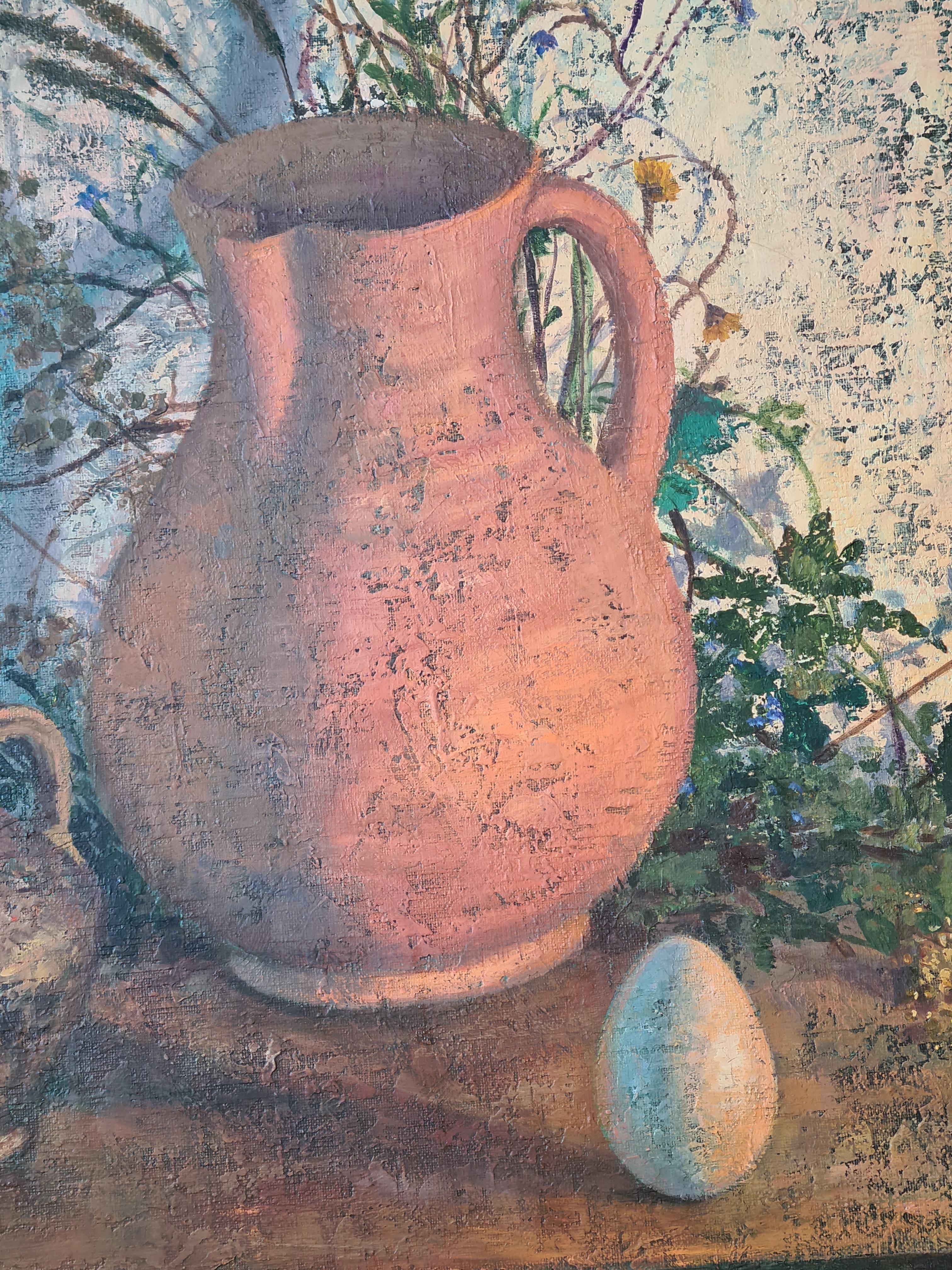 林 Nature morte sur toile, pichet, œuf et ombres - Réalisme Painting par C Lin