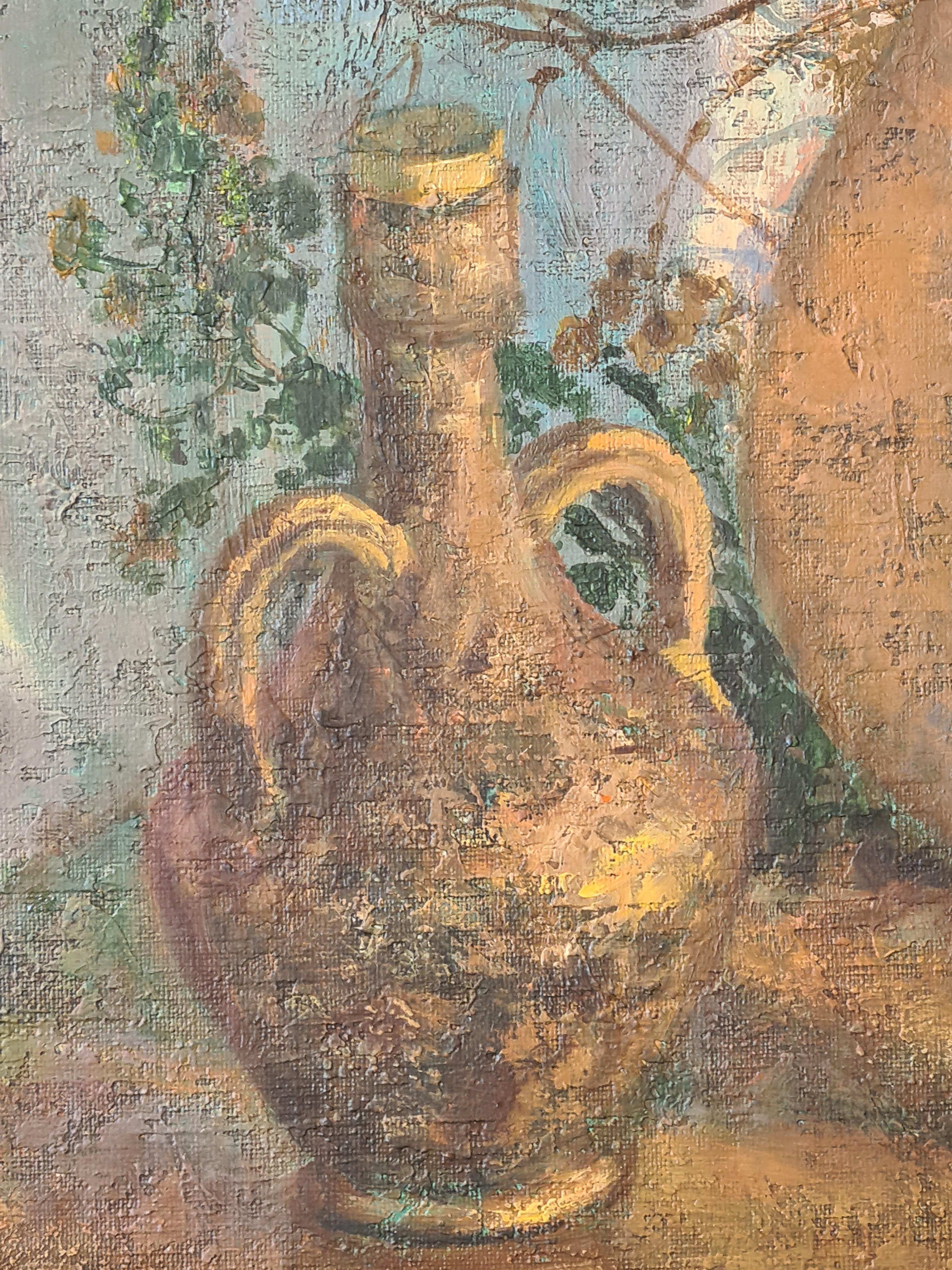林 Nature morte sur toile, pichet, œuf et ombres - Marron Still-Life Painting par C Lin