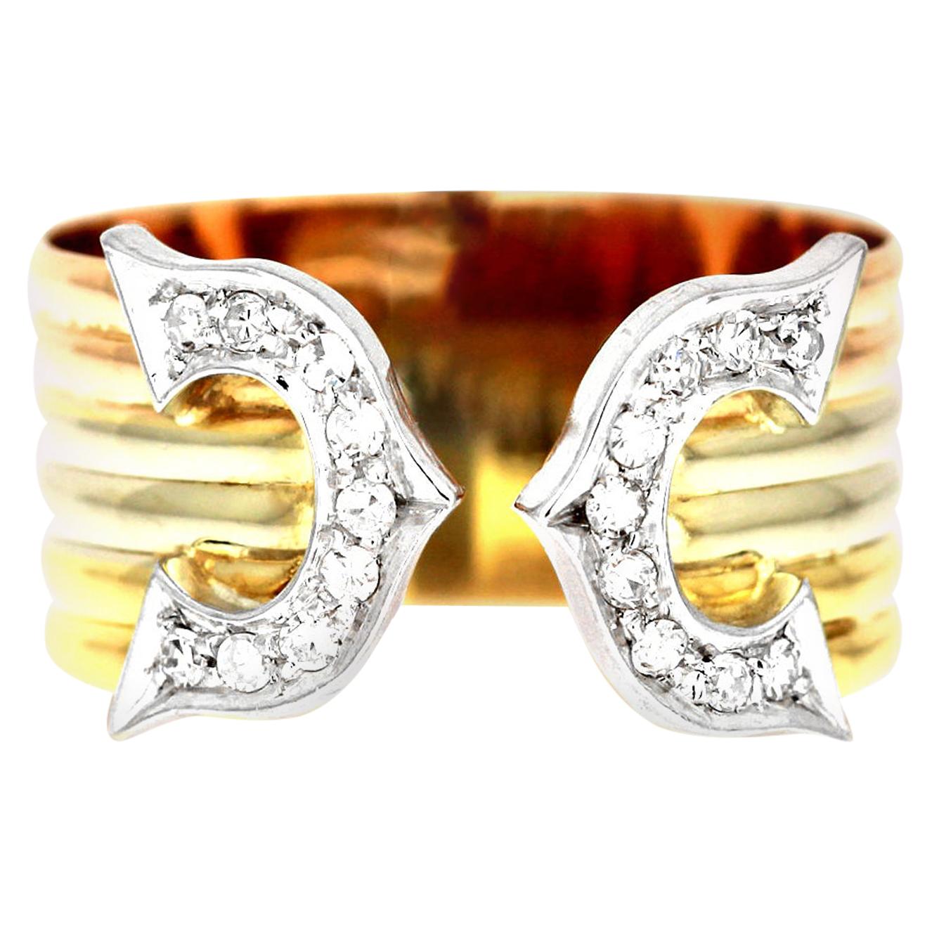 "C" Logo Diamond Ring in Three Colors, 18 Carat Yellow, White and Rose Gold