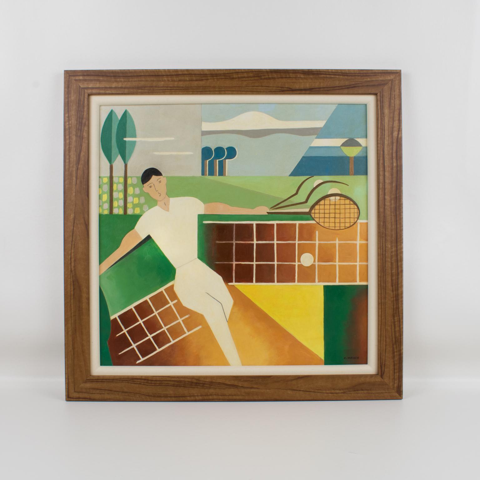 Stunning French Art Deco cubist gouache on cardboard painting by C. Massin (France, 20th Century). Signed on the bottom right corner. Featuring a sportsman playing tennis. Very nice shades of warm colors in sienna, tangerine, contrasted with cold