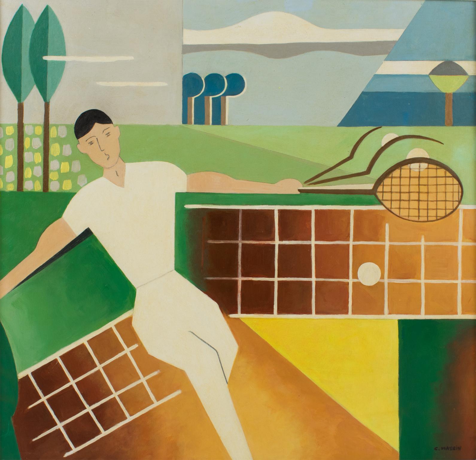 Tennis Sport Player Art Deco Cubist Gouache Painting by C. Massin 2