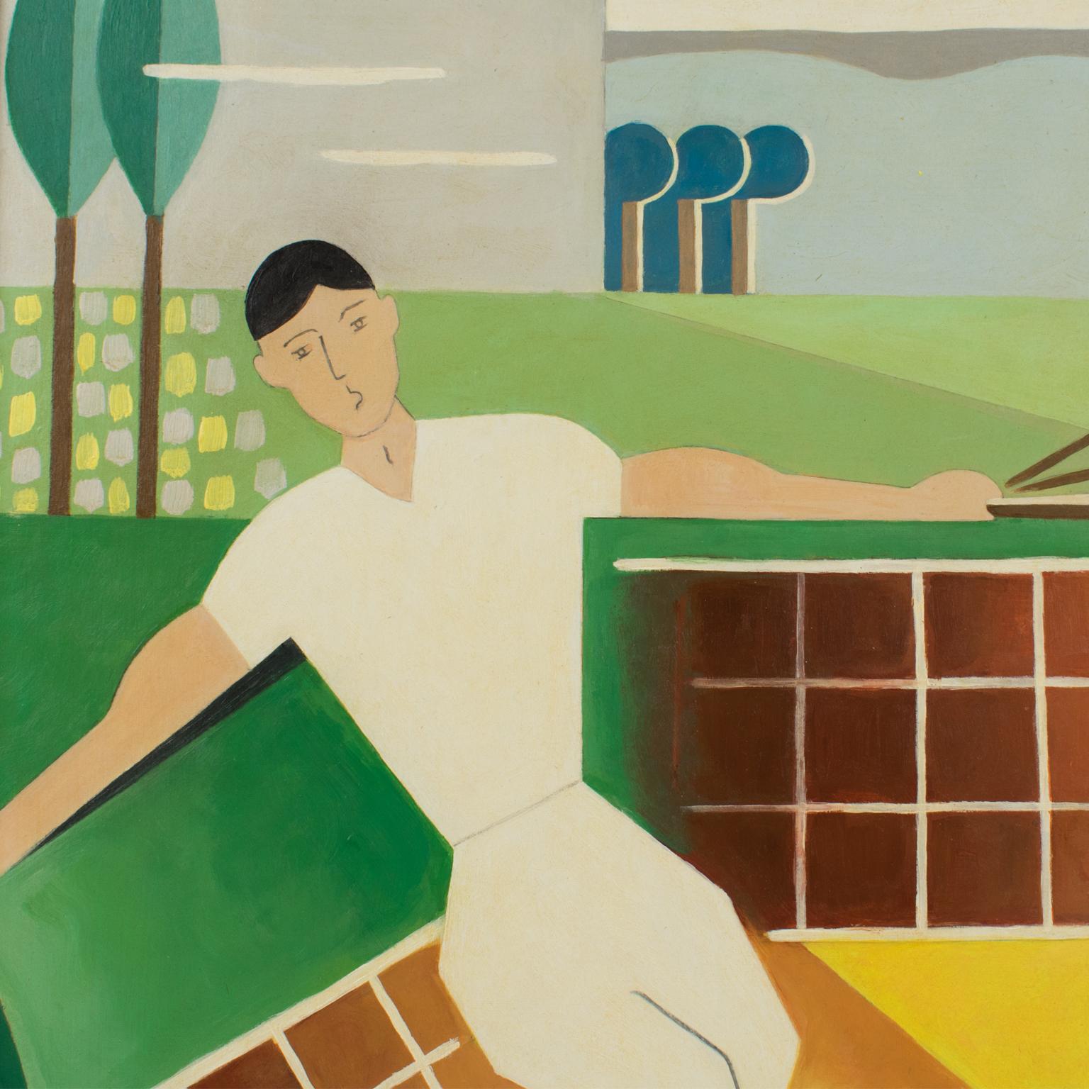 Tennis Sport Player Art Deco Cubist Gouache Painting by C. Massin 3