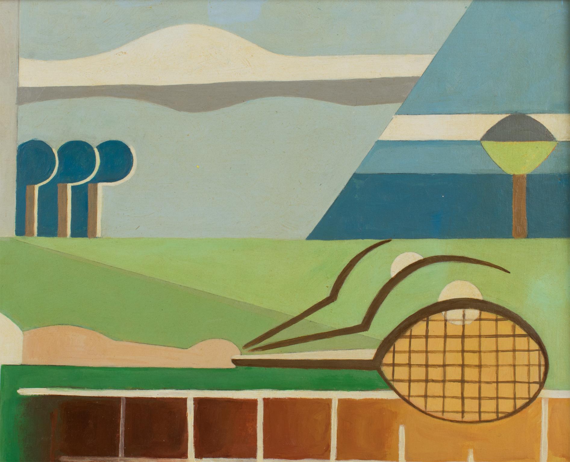 Tennis Sport Player Art Deco Cubist Gouache Painting by C. Massin 5
