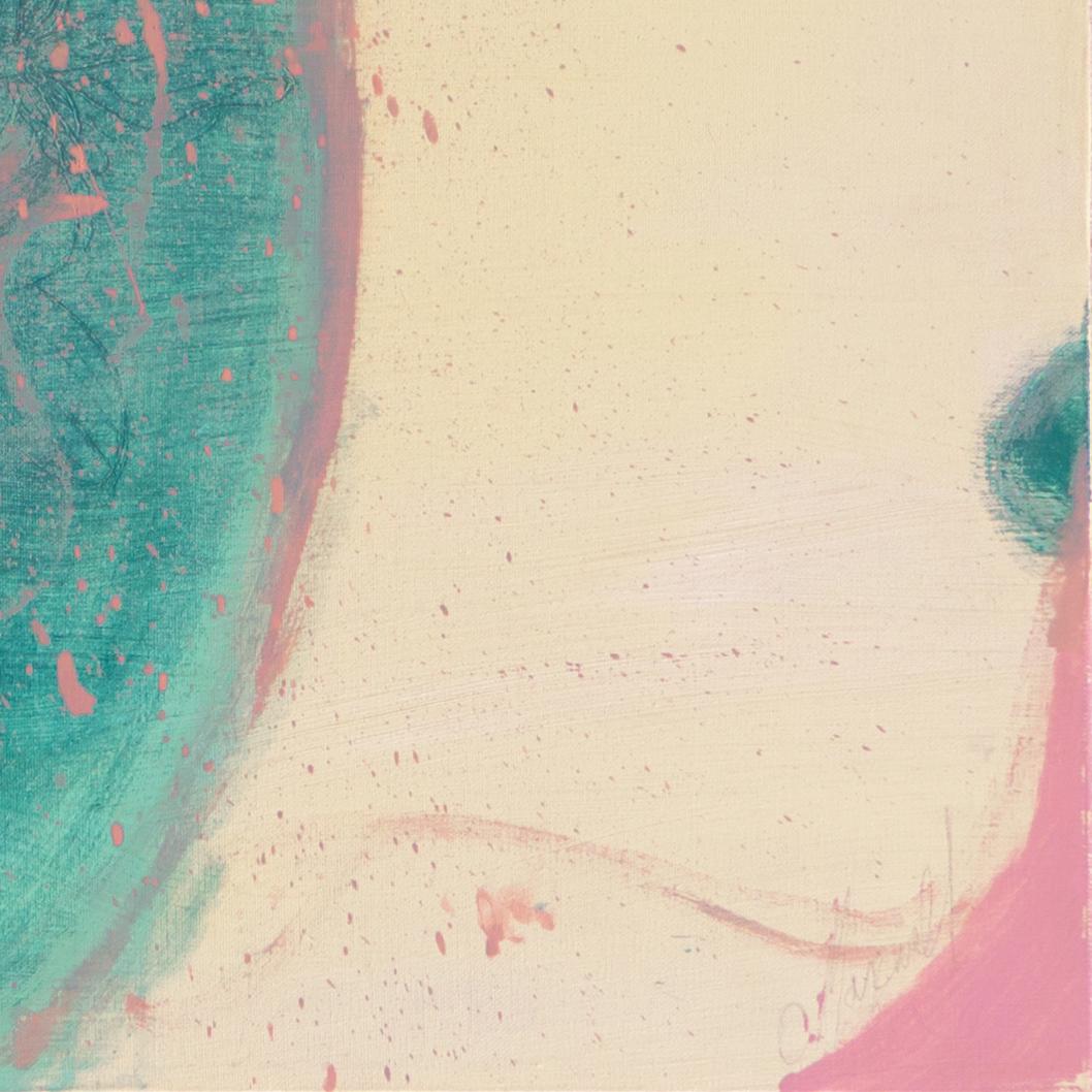 Signed lower right, 'C. Maxwell' (American, 20th century) and painted circa 1975.

A very substantial, American School oil abstract comprising contiguous and overlapping curvilinear areas of rose and turquoise shown fluidly arcing and overlapping