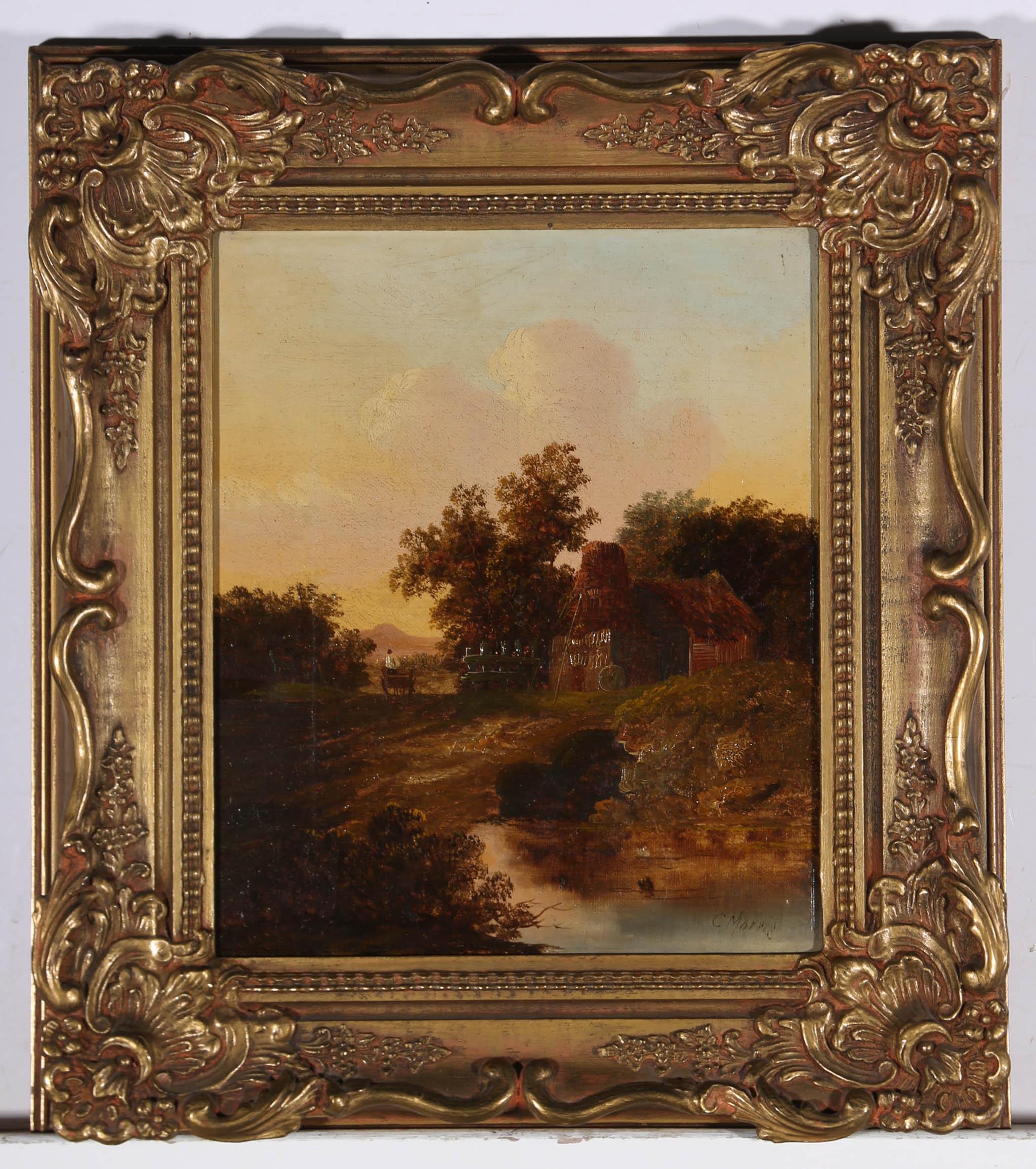A charming mid 19th Century oil landscape showing man riding in his horse and cart, returning home under a picturesque sunset. The artist has signed to the lower right and the painting has been attractively presented in a 20th Century gilt frame